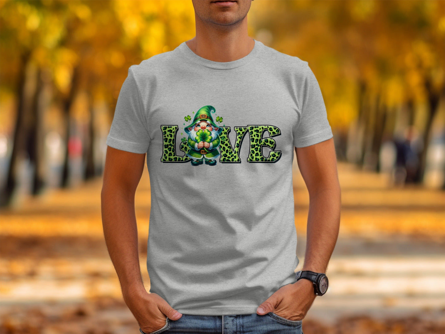 St Patricks Day Gnome T-Shirts, Four Leaf Clover Shirt, Love T Shirt, St Paddys Day Tee, Leopard Print Letters, Cute Irish T Shirts