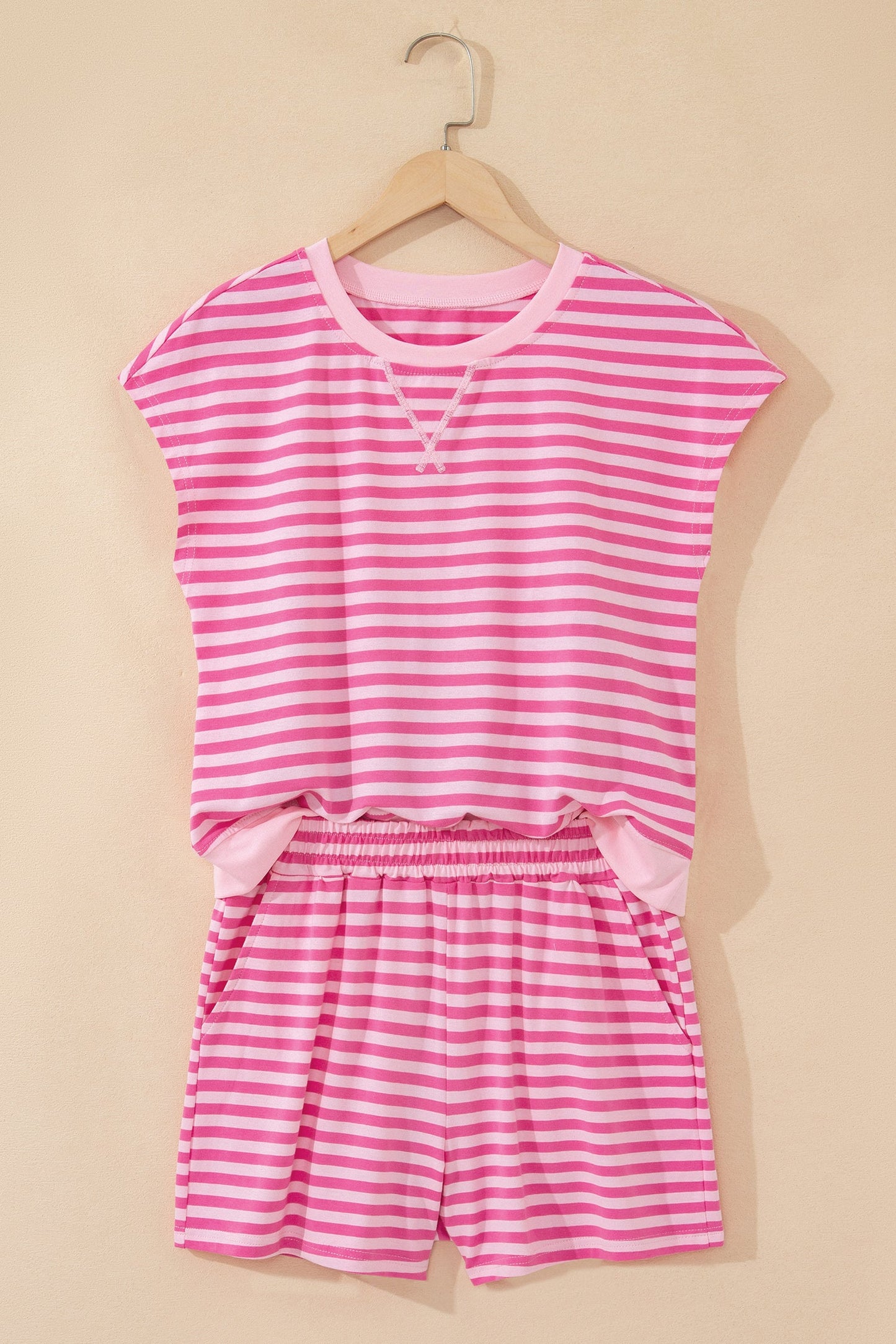 Pink Stripe Cap Sleeve Tee Elastic Waist Shorts 2pcs Outfit