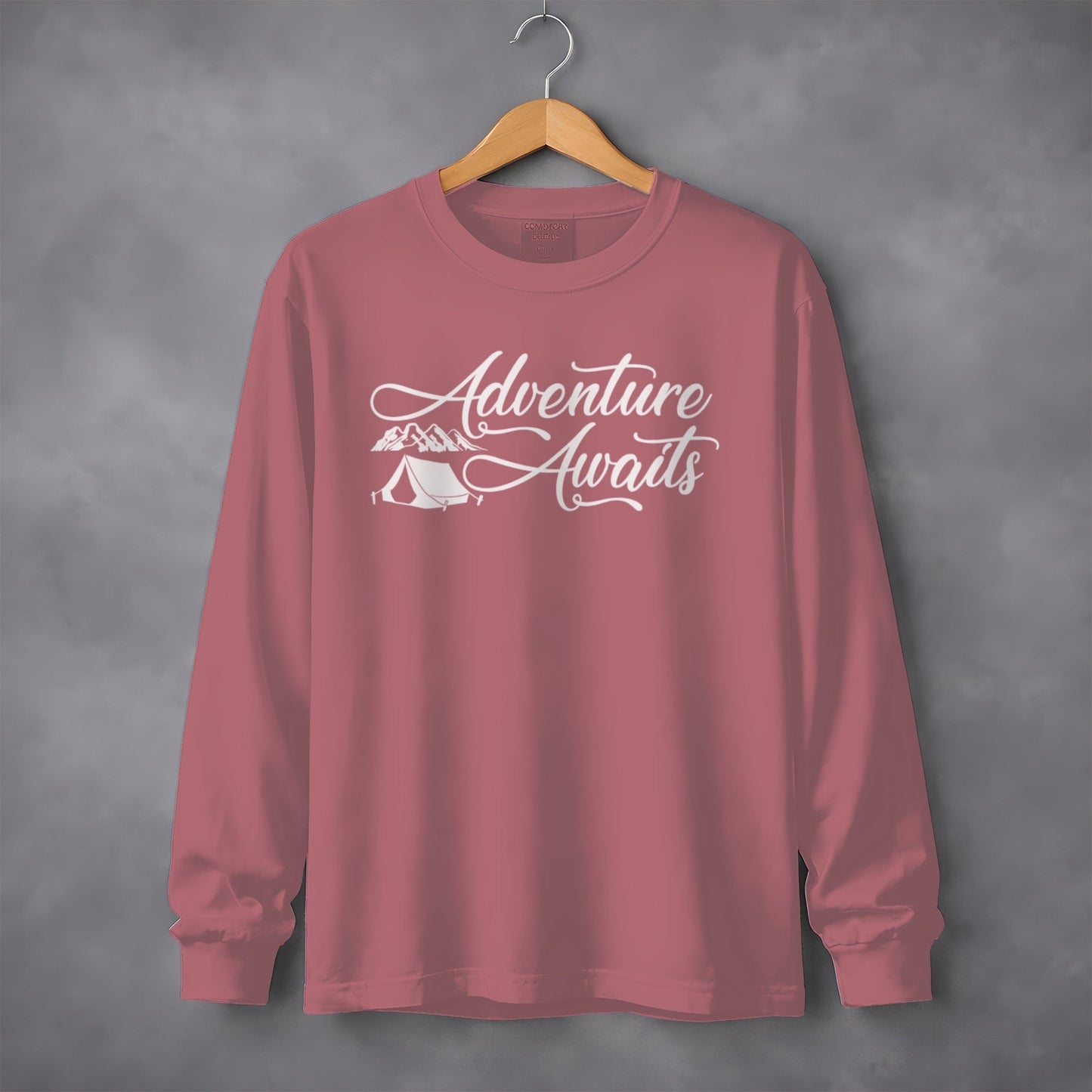 Adventure Awaits Featuring Tent and Mountains Long Sleeve T-Shirt
