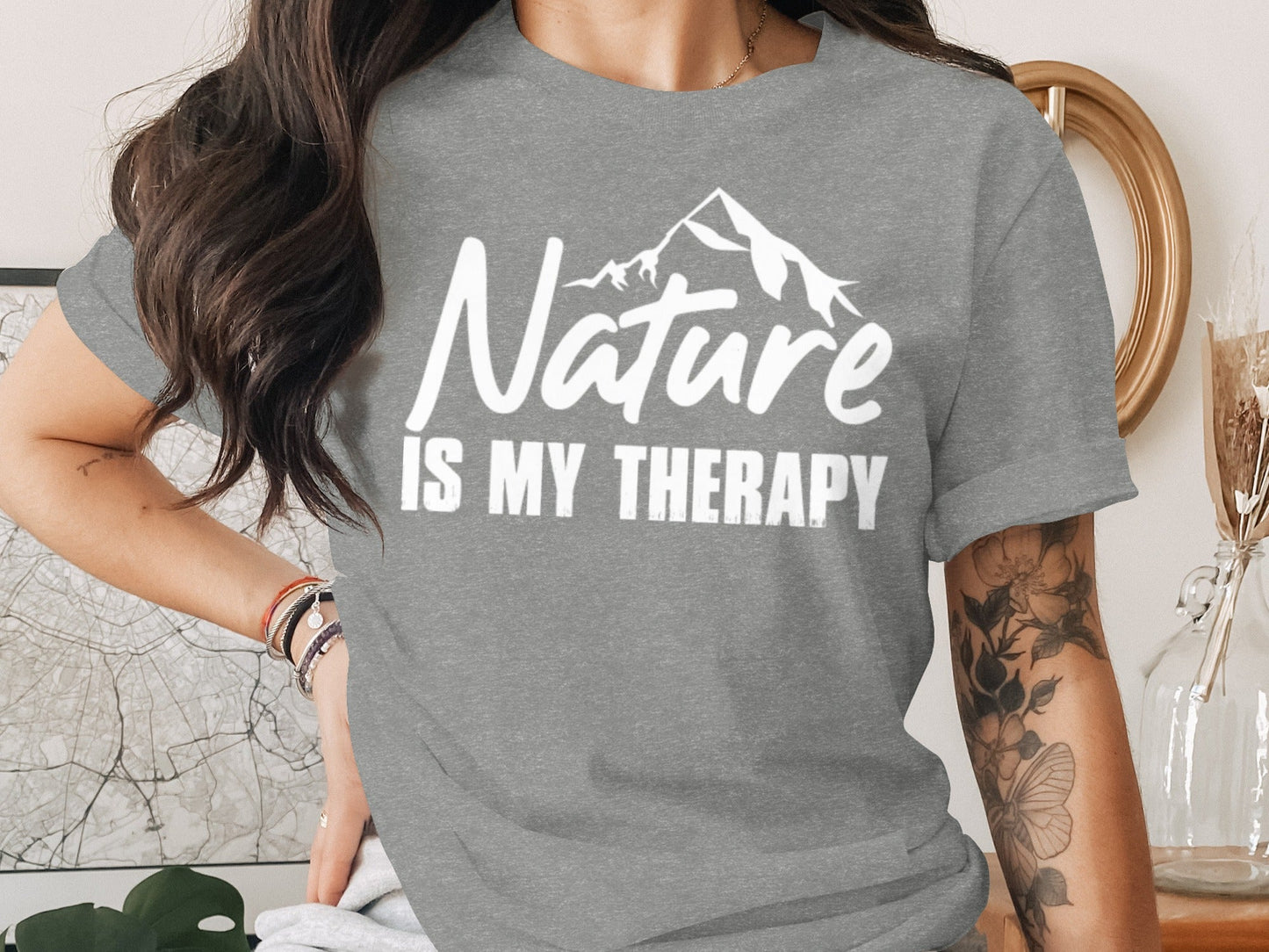 Nature is my Therapy White Text with Mountain T-Shirt