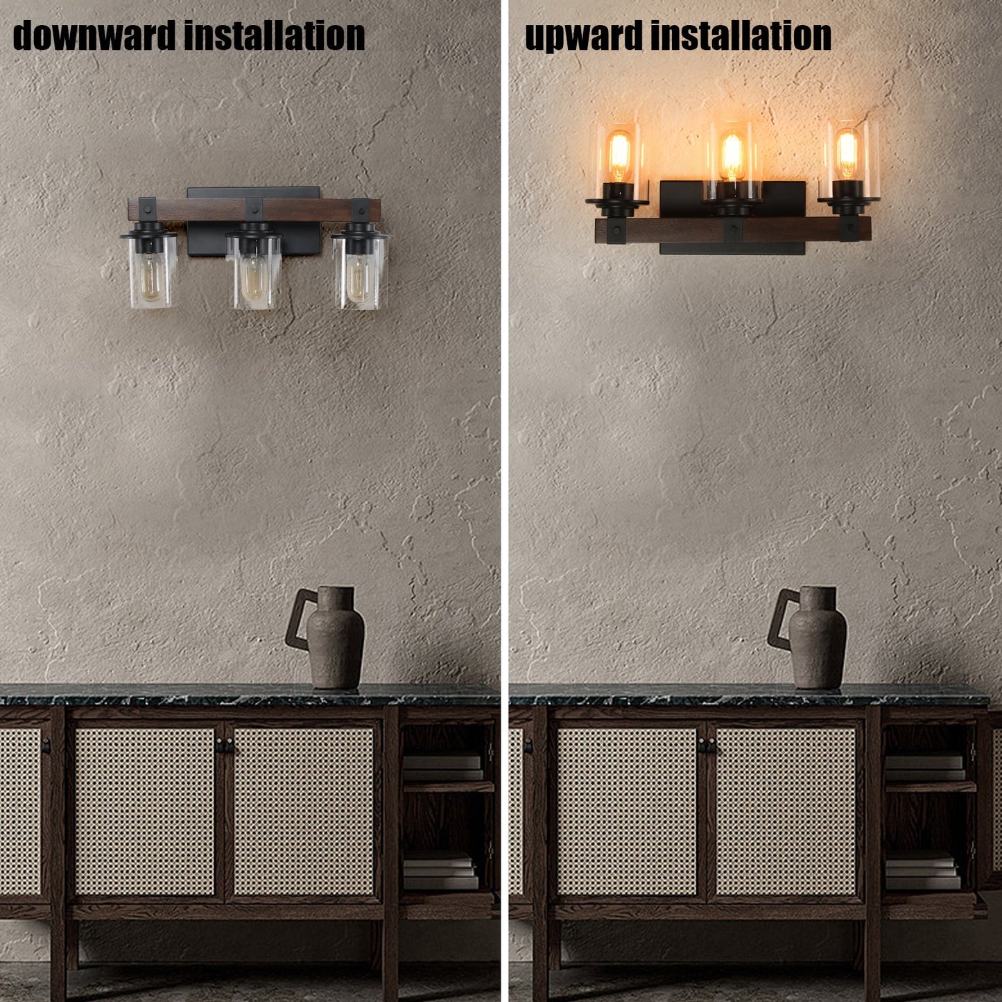 19" Rustic 3-Light Vanity Light, Industrial Bathroom Wall Sconce, Modern Farmhouse Lighting Fixture (No Bulbs)