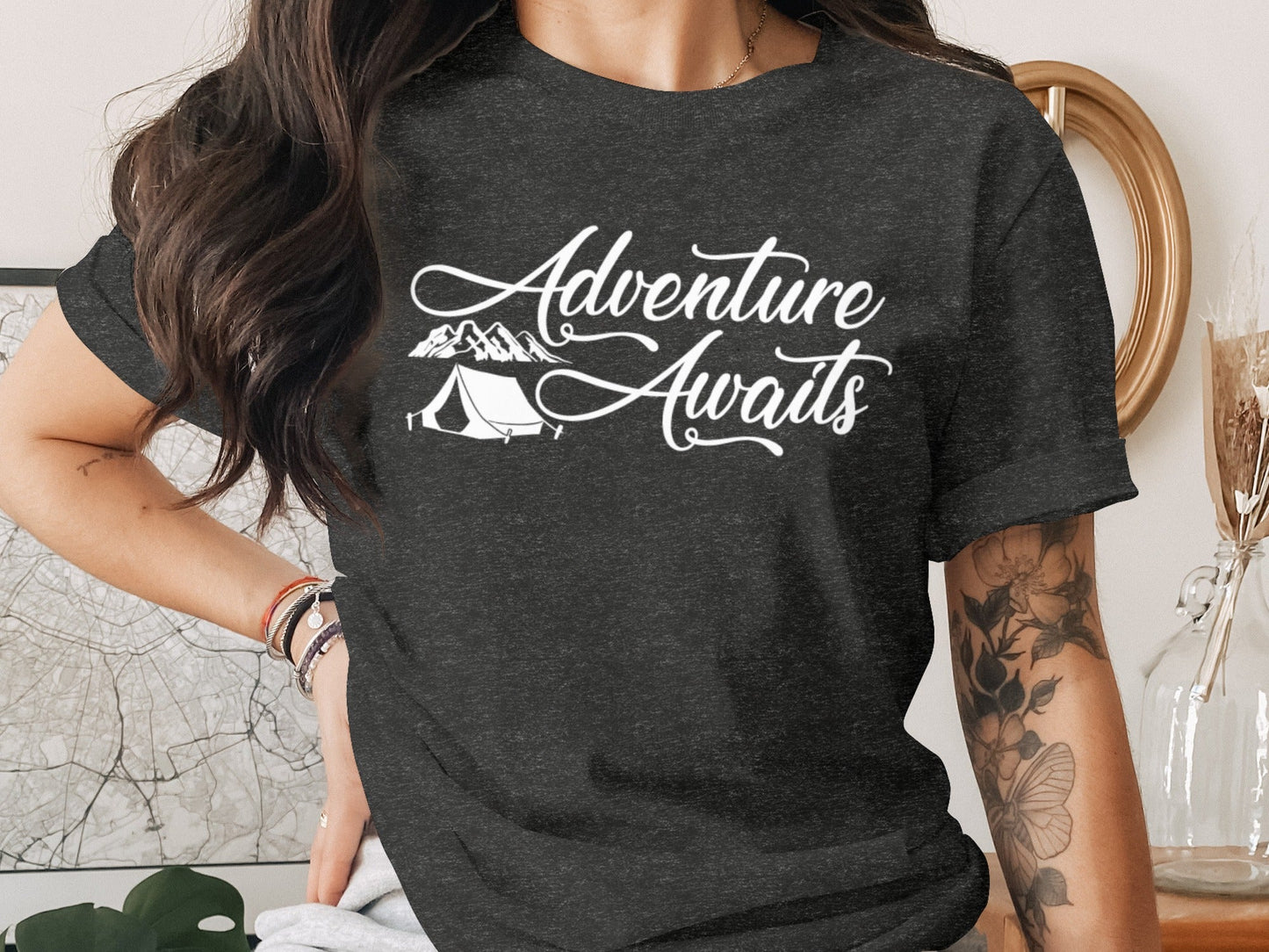 Adventure Awaits Tent Mountains Graphic Design T-Shirt