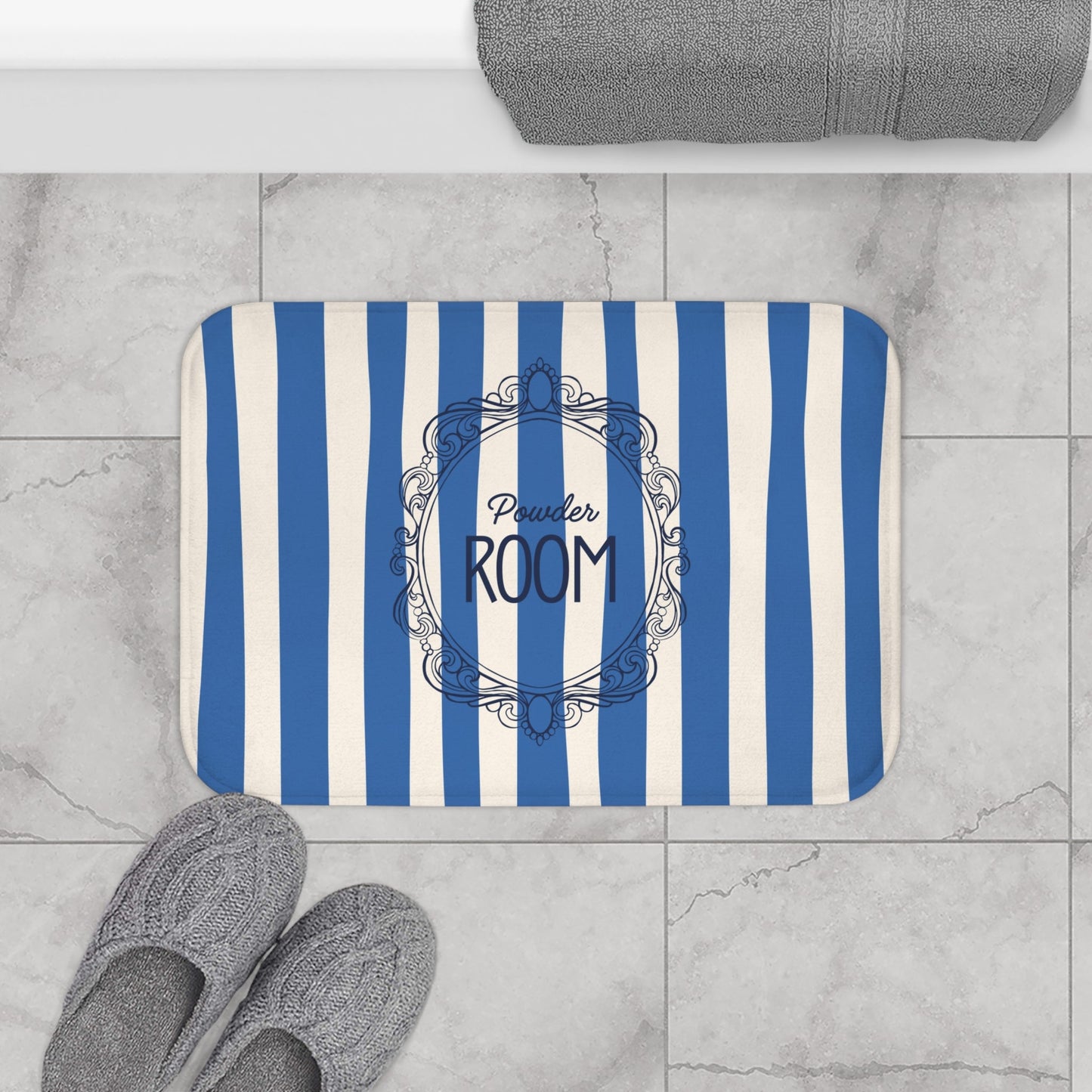 Cute Powder Room Bath Mat —  Blue Striped Decorative Bathroom Rug