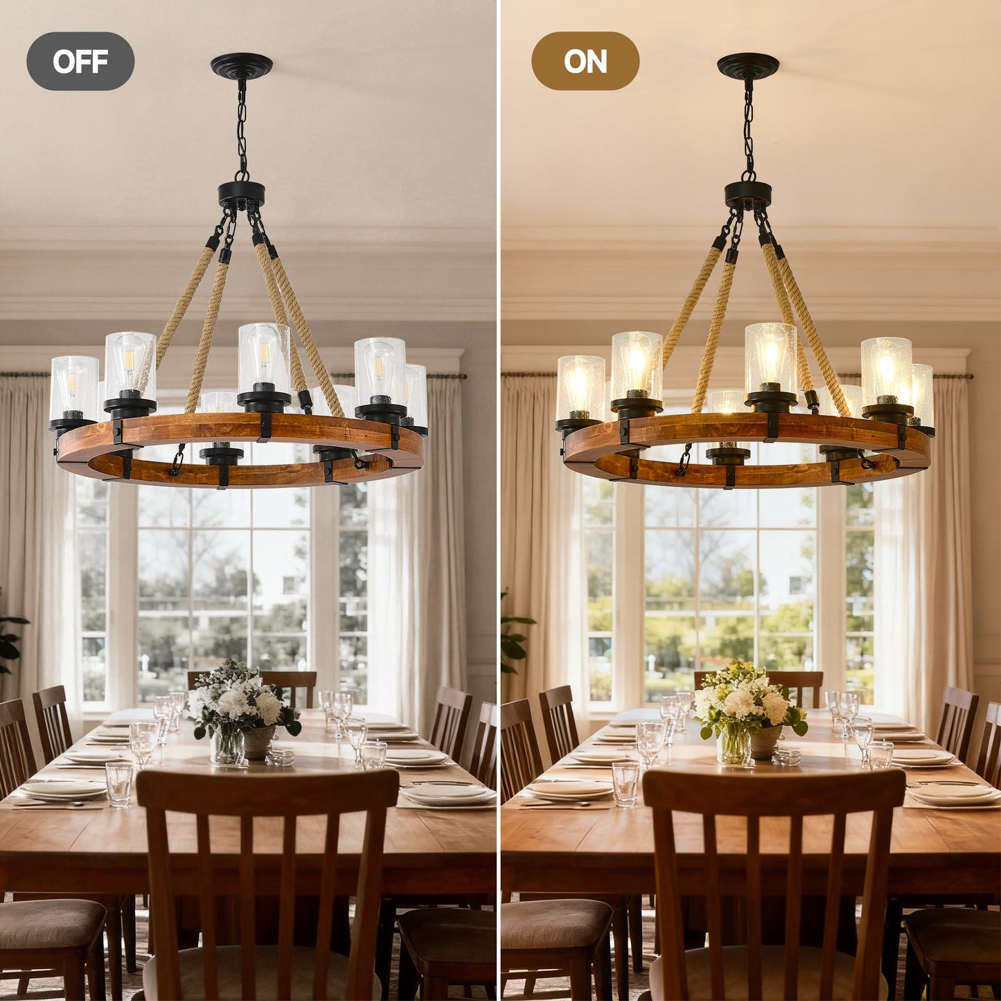 8 Light Rustic Wagon Wheel Chandelier, 31" Wooden Pendant Light with Seeded Glass Shade