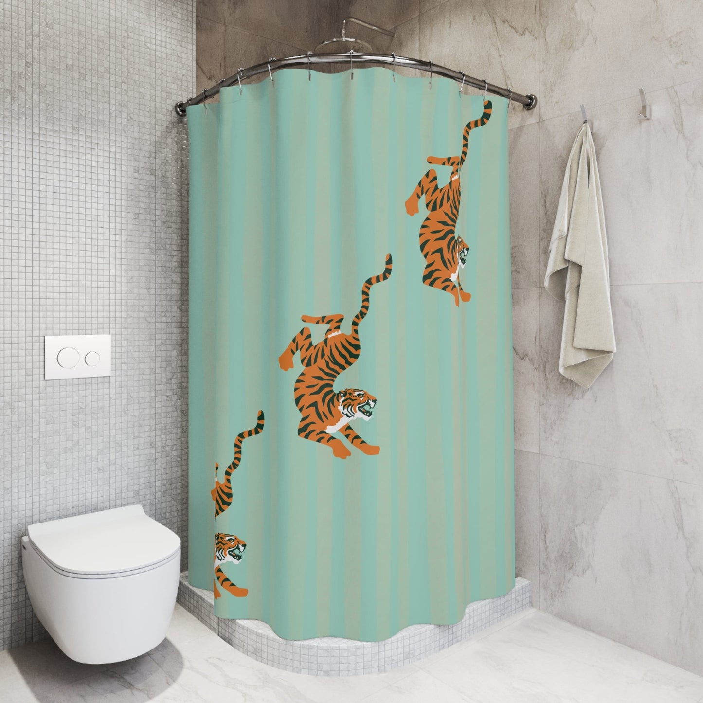 Pastel Turquoise Striped Tiger Shower Curtain — Fiercely Feminine Bathroom Decor