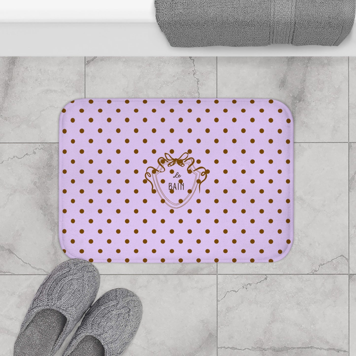Polka Dot "Le Bain" Bath Mat — Lilac & Brown Bathroom Rug