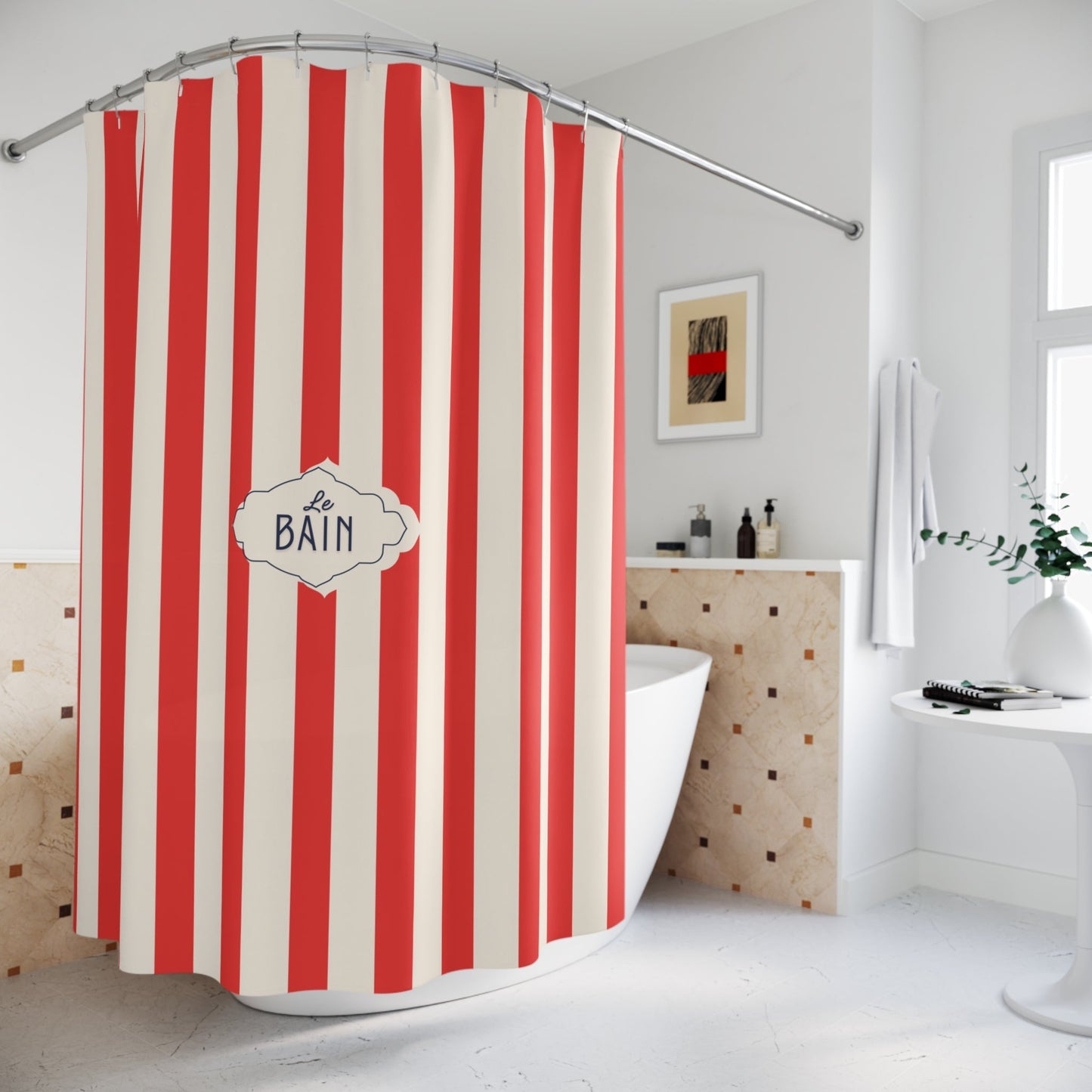 Shower Curtain — RED Striped French 'Le Bain' Bathroom Decor