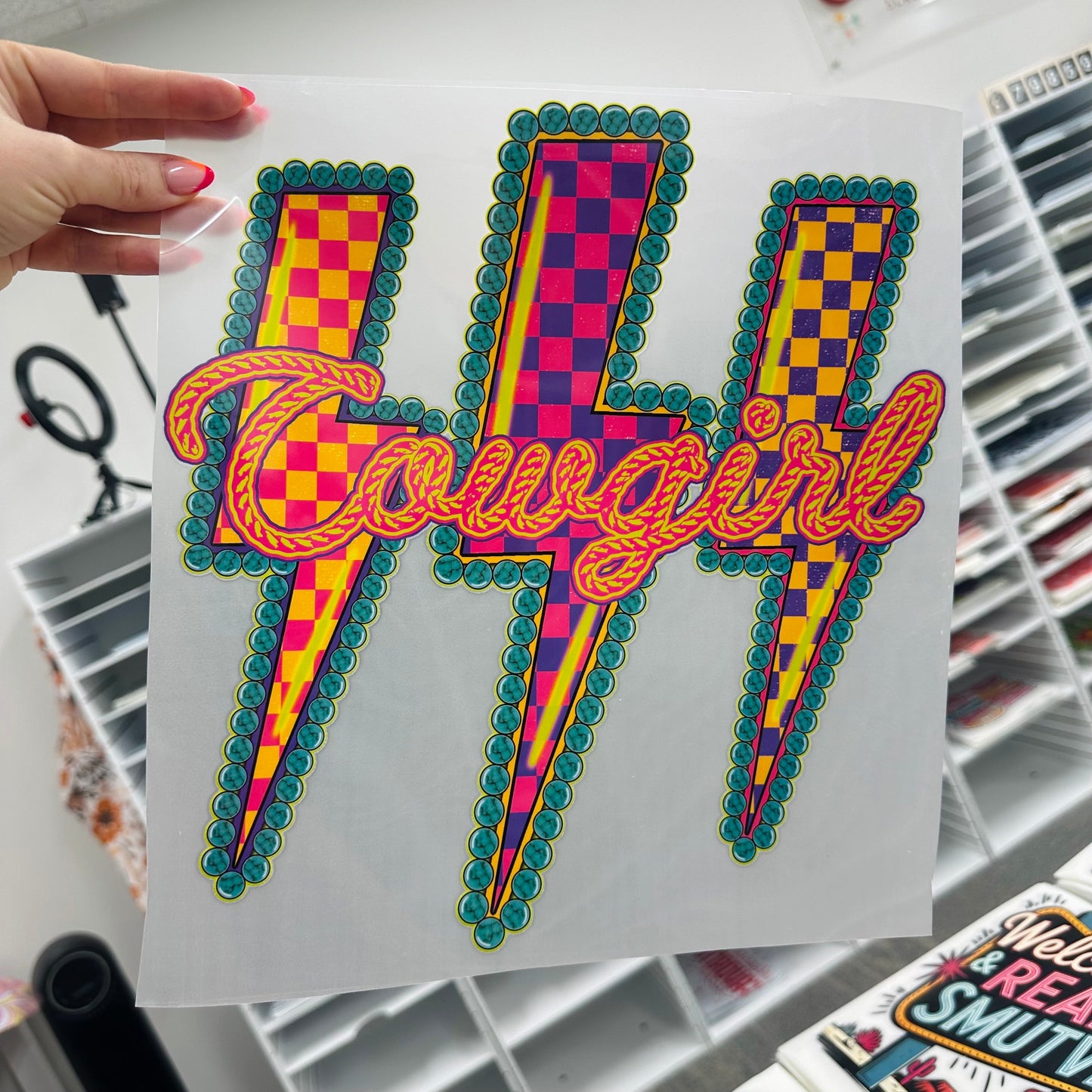 COWGIRL NEON BOLTS clear film screen print