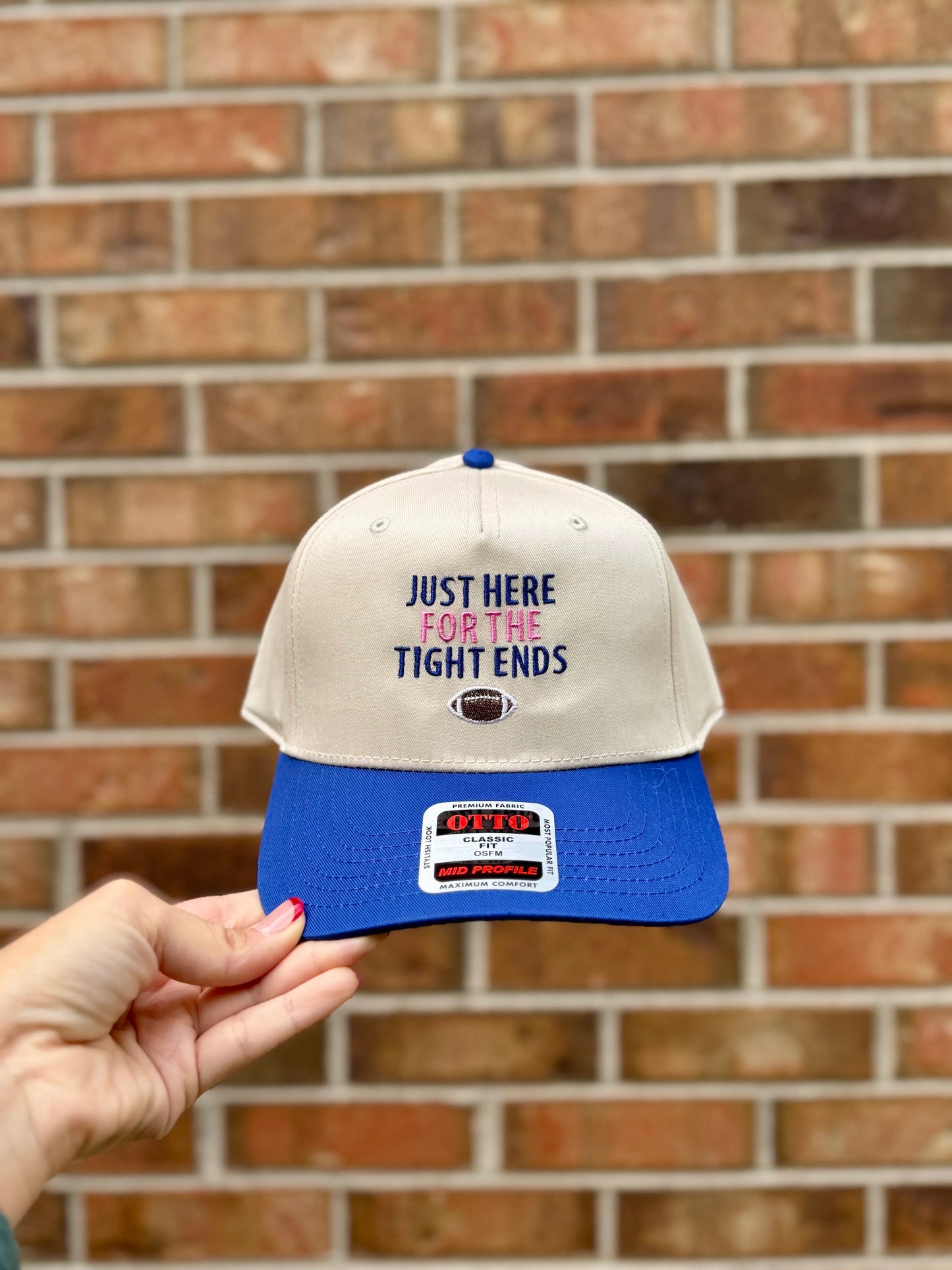 Just Here for the Tight Ends Hat | Football Trucker Hat | Two Tone Pink & Blue Embroidered Cap | Game Day Hat