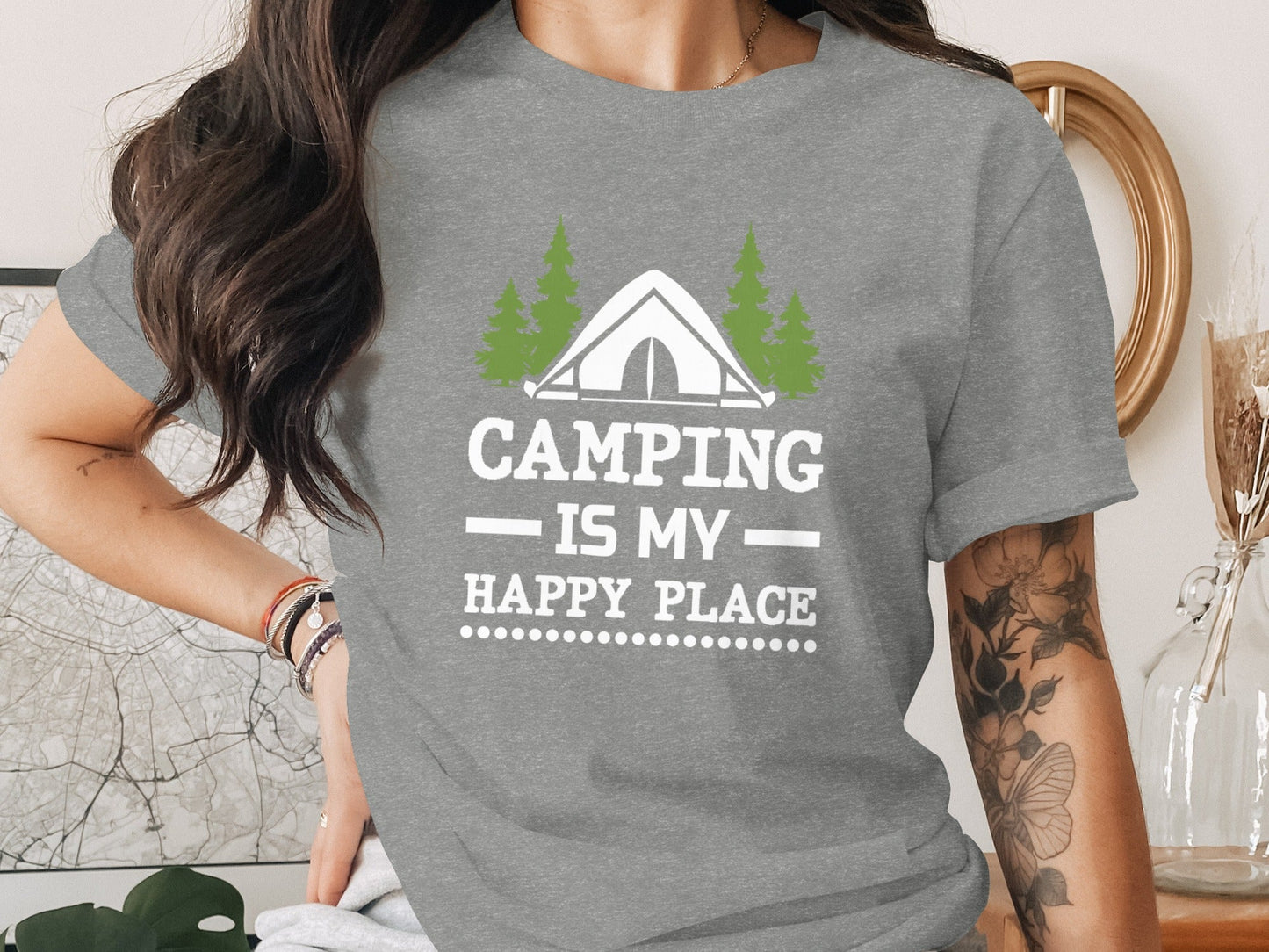 Camping Is My Happy Place Tent And Trees Graphic T-Shirt