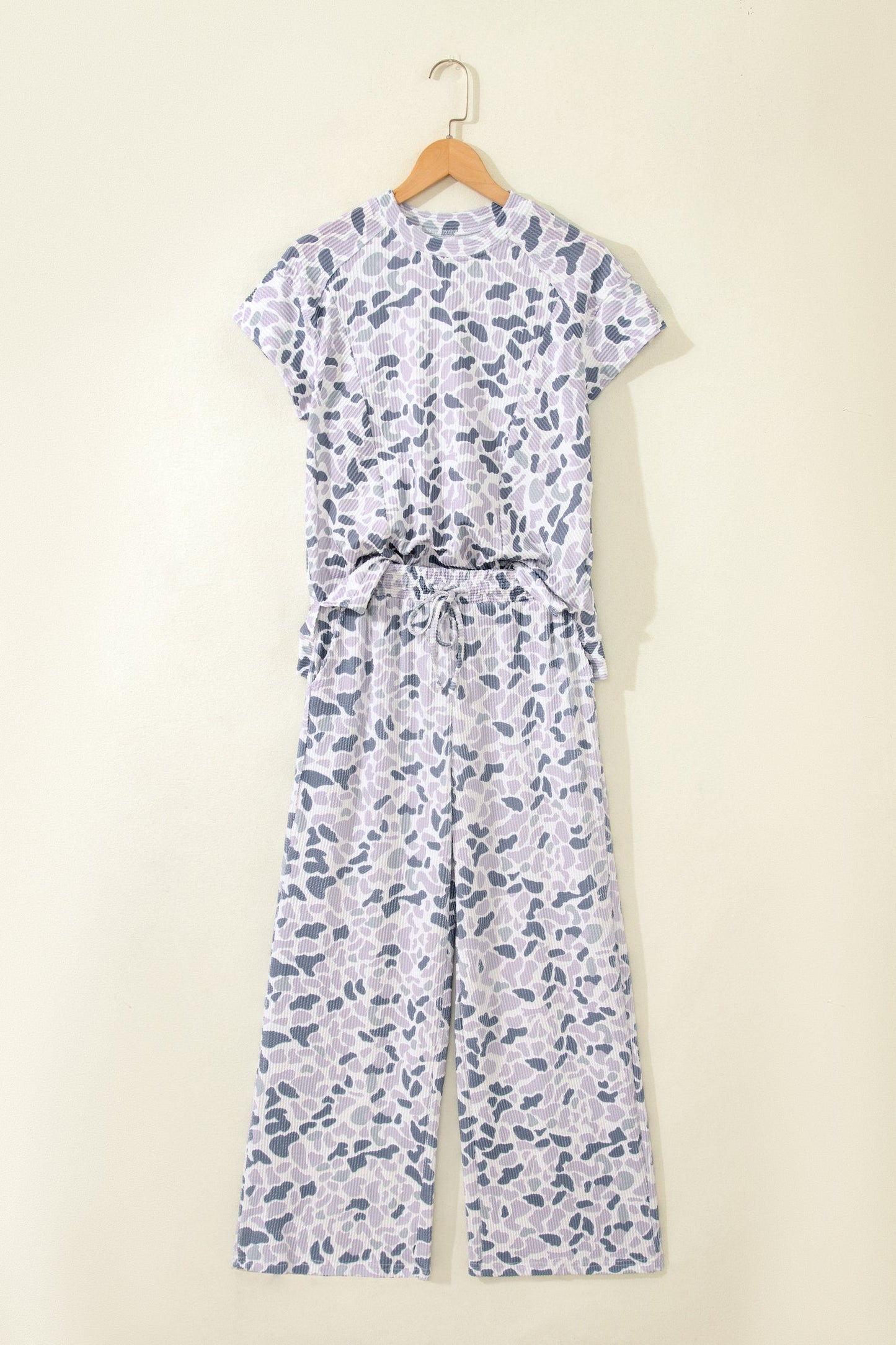 Beige Camouflage Print Twisted Rib Loose Tee Drawstring Pants Set