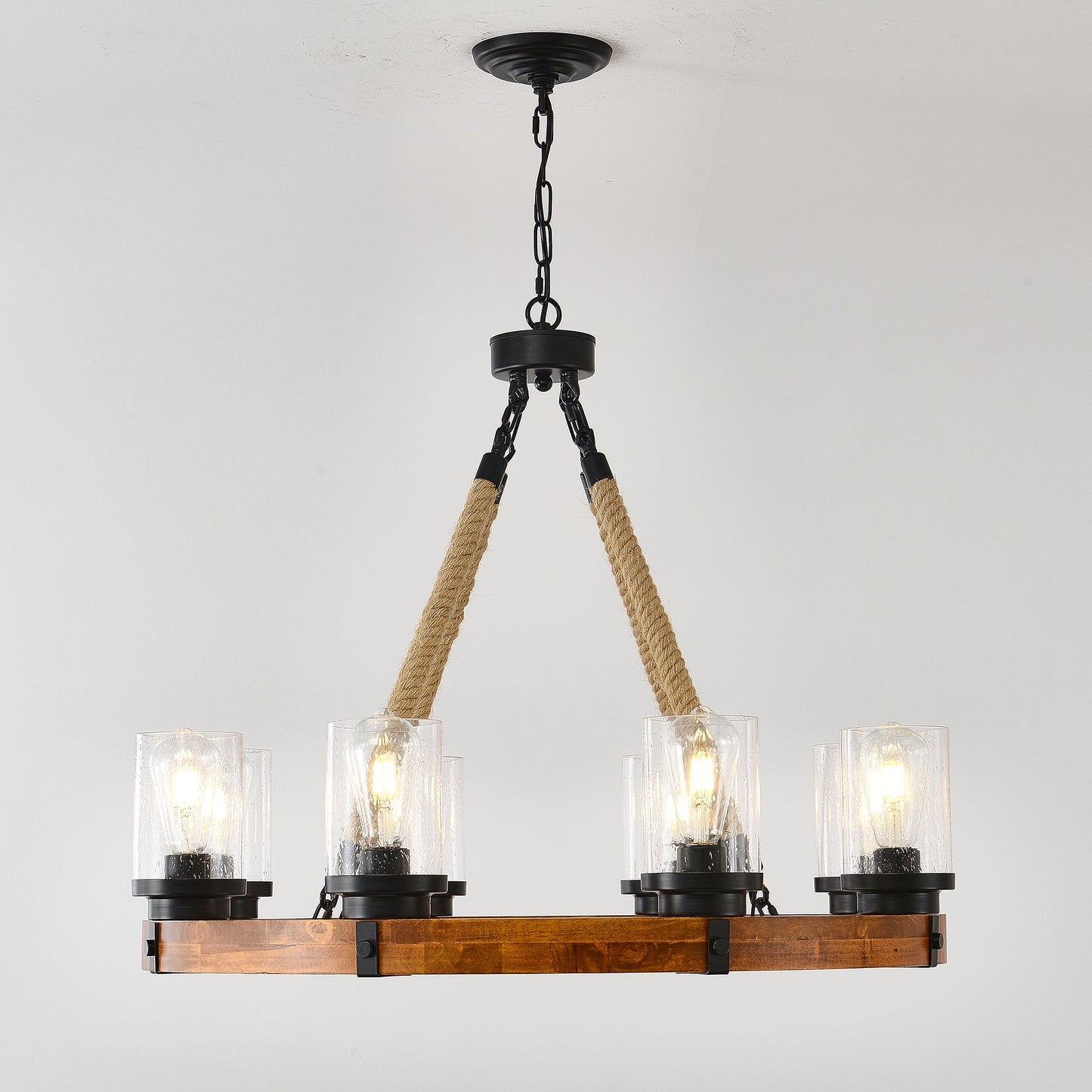 8 Light Rustic Wagon Wheel Chandelier, 31" Wooden Pendant Light with Seeded Glass Shade