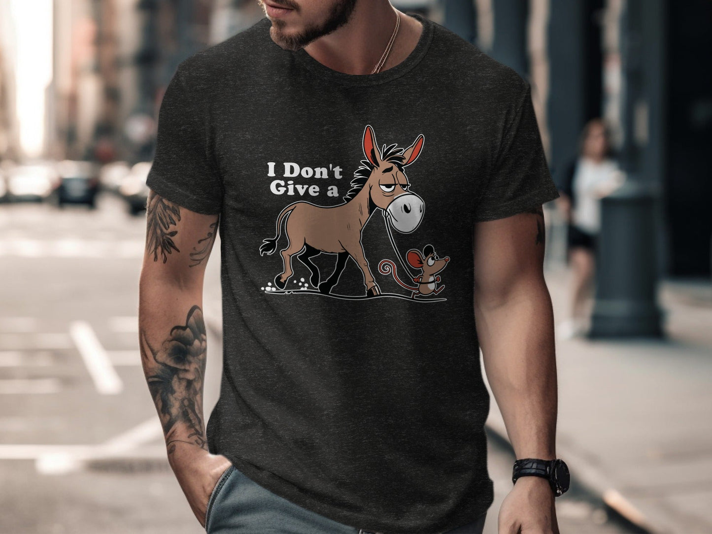 Funny Mouse Walking a Donkey Cartoon Graphic T-Shirt