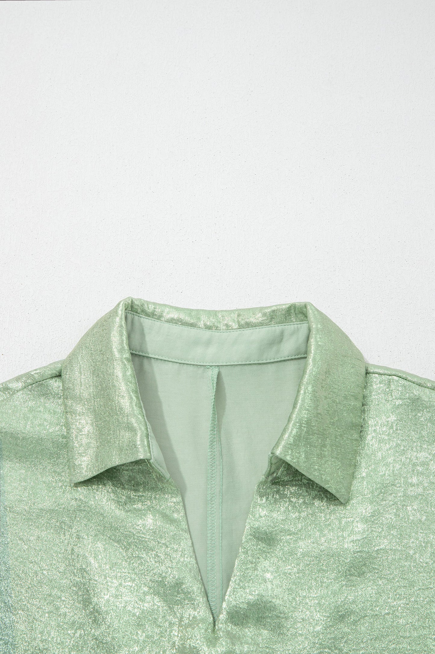 Clearly Aqua Collared V Neck Half Sleeve Metallic Top