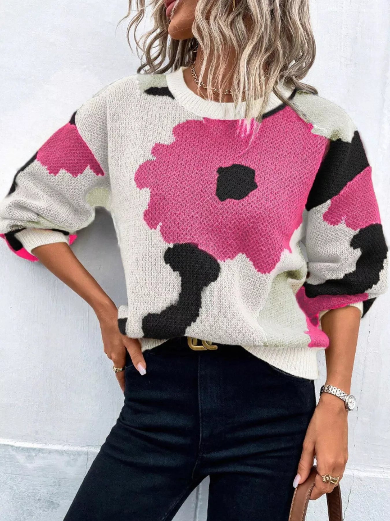 Floral Pattern Round Neck Sweater