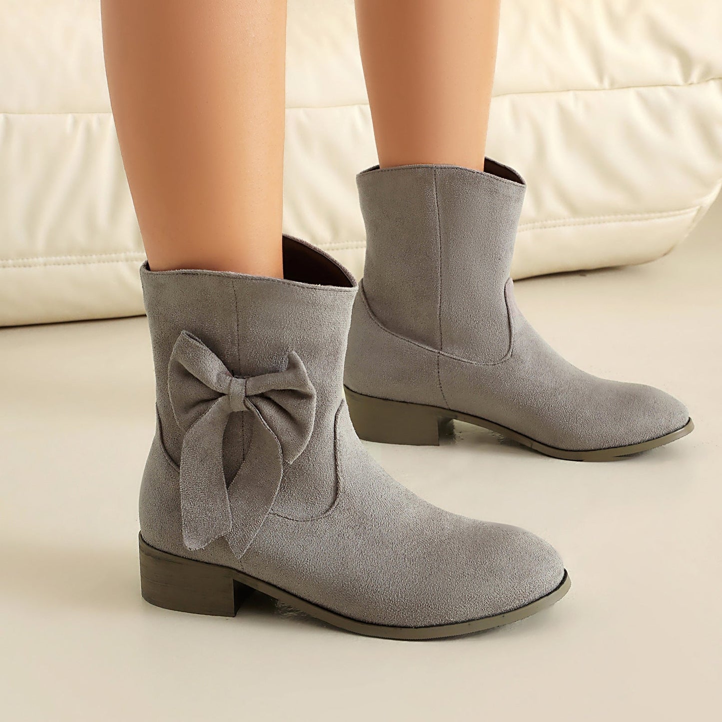 Women’s Low Heel Suede Bow Boots | Large Size Casual Winter Ankle Boots