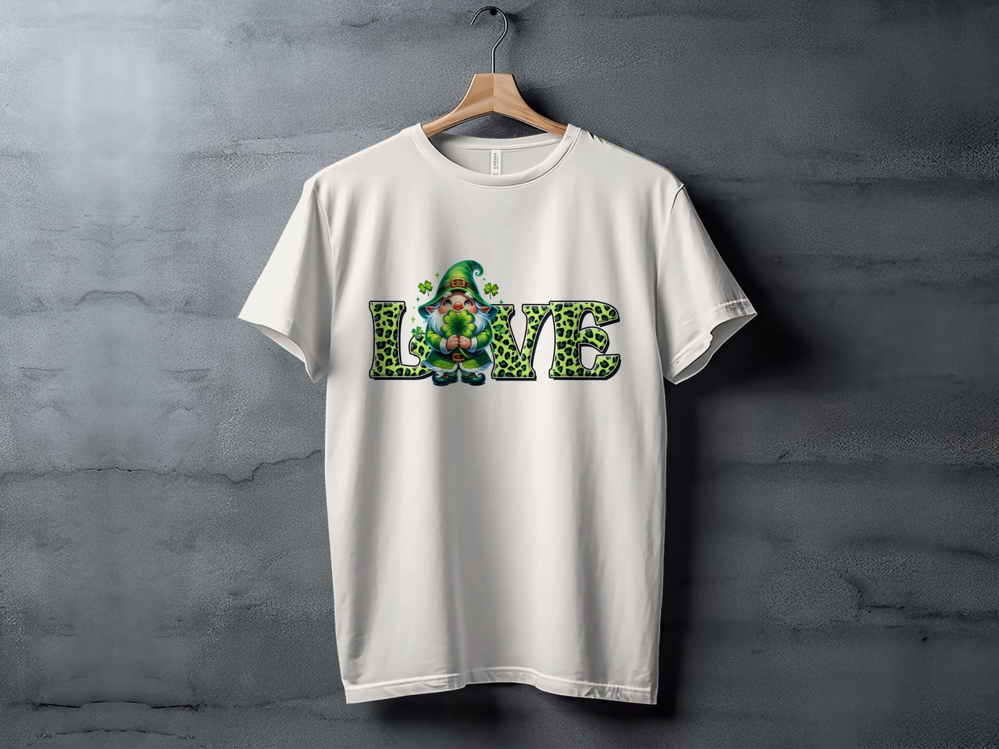 St Patricks Day Gnome T-Shirts, Four Leaf Clover Shirt, Love T Shirt, St Paddys Day Tee, Leopard Print Letters, Cute Irish T Shirts