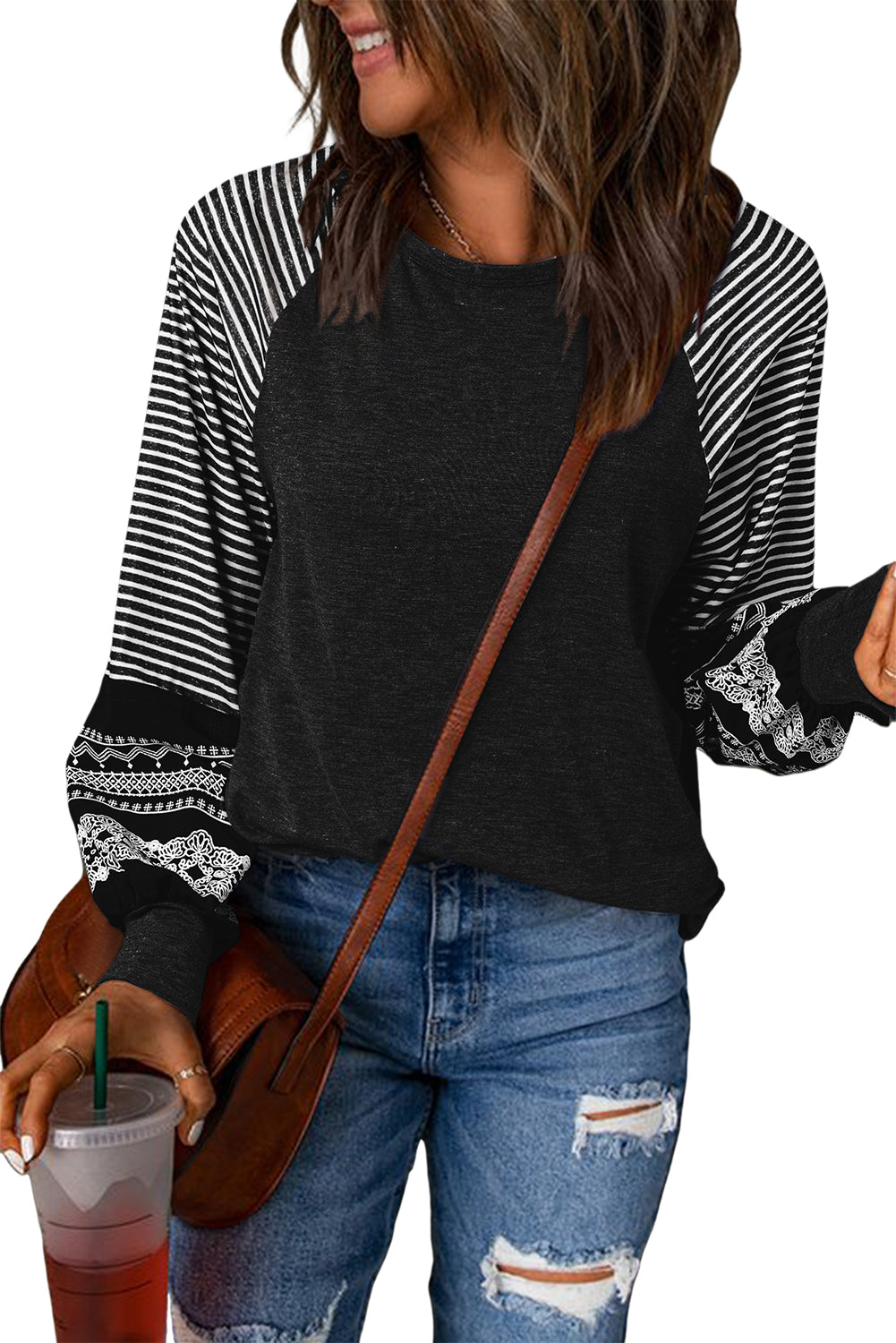Tillandsia Purple Contrast Print Striped Raglan Long Sleeve Loose Top