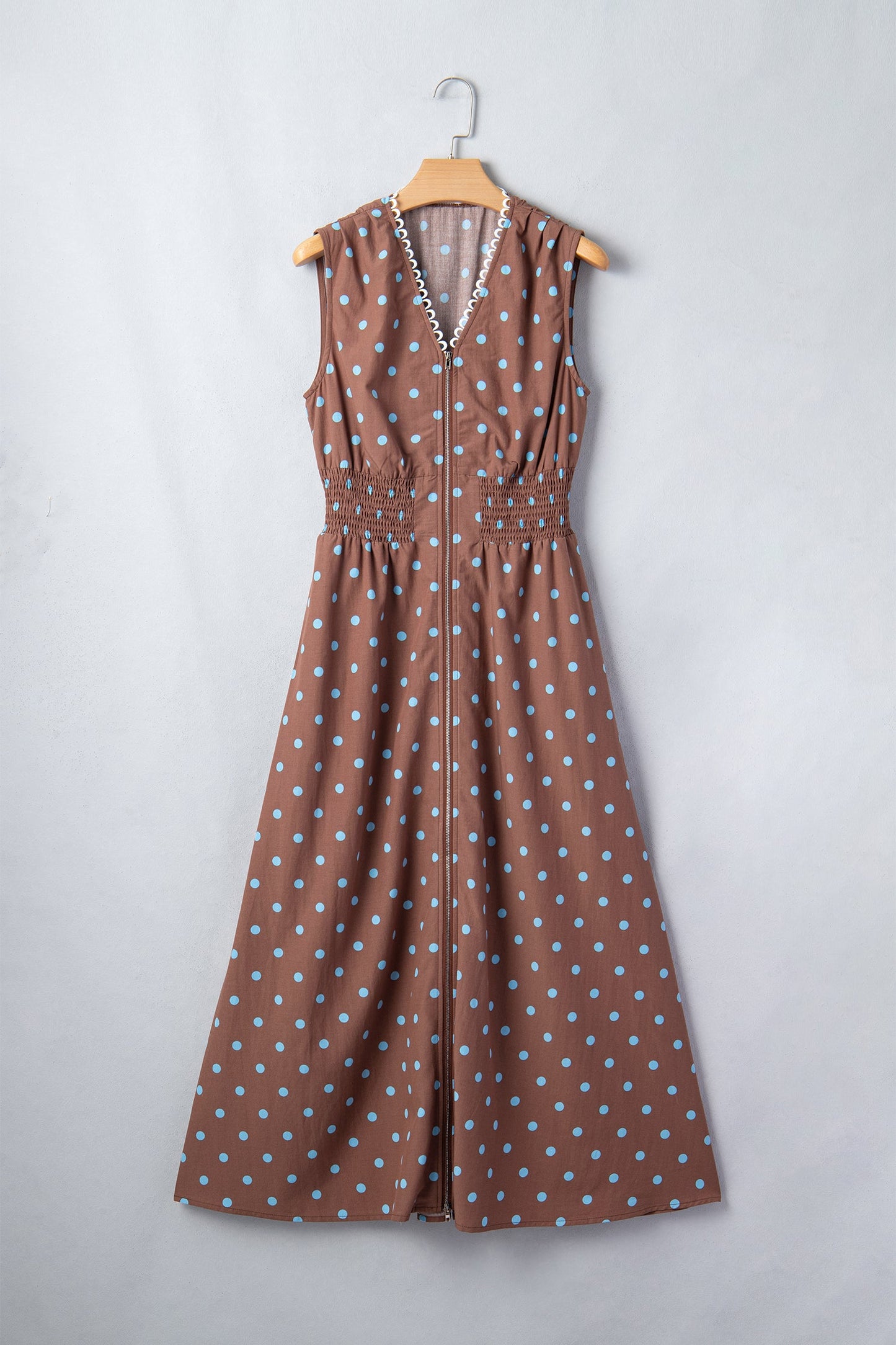 Brown Polka Dot Print Contrast Trim V Neck Zip Up Sleeveless Dress