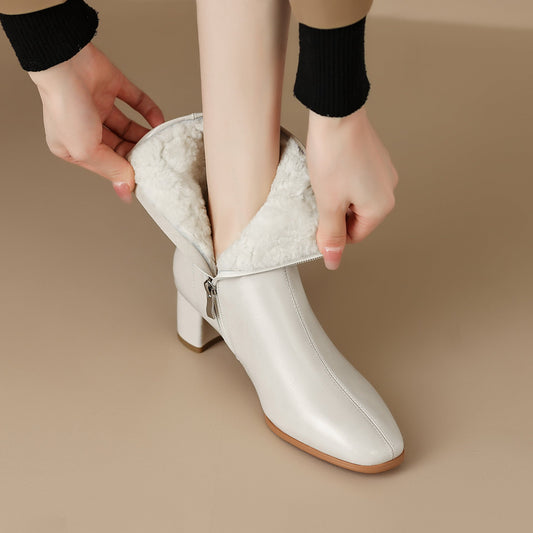Women’s Short Fur Snow Boots – Chunky Mid-Heel Cotton Winter Boots