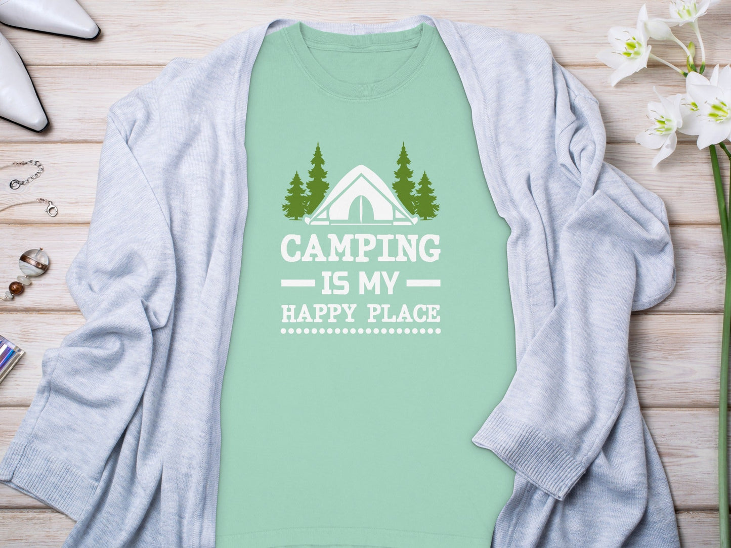 Camping Is My Happy Place Tent Trees Graphic Long Sleeve T-Shirt