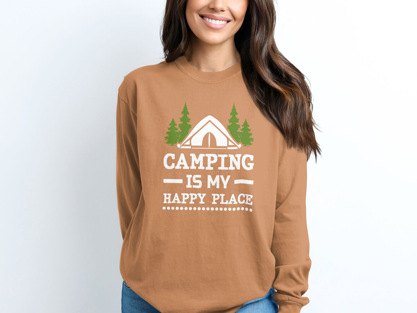 Camping Is My Happy Place Tent Trees Graphic Long Sleeve T-Shirt
