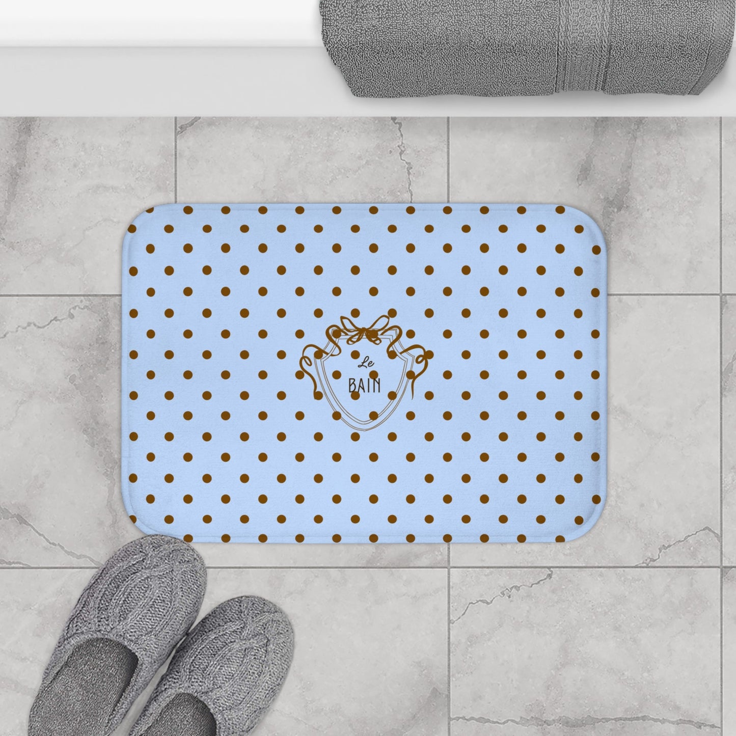 Polka Dot "Le Bain" Bath Mat — Pastel Blue & Brown Bathroom Rug