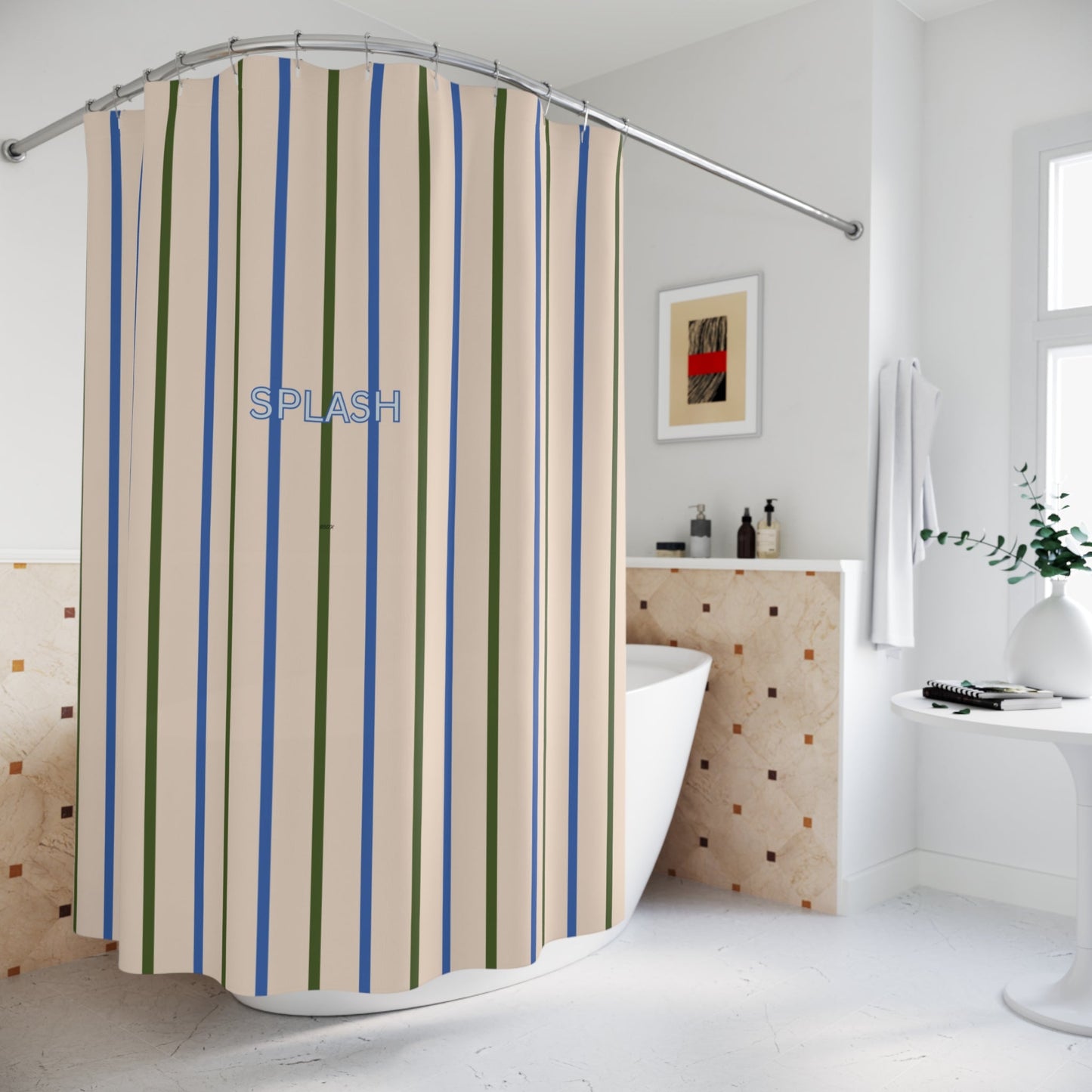 Playful 'SPLASH' Shower Curtain — Beige and Blue Modern Bath Curtain