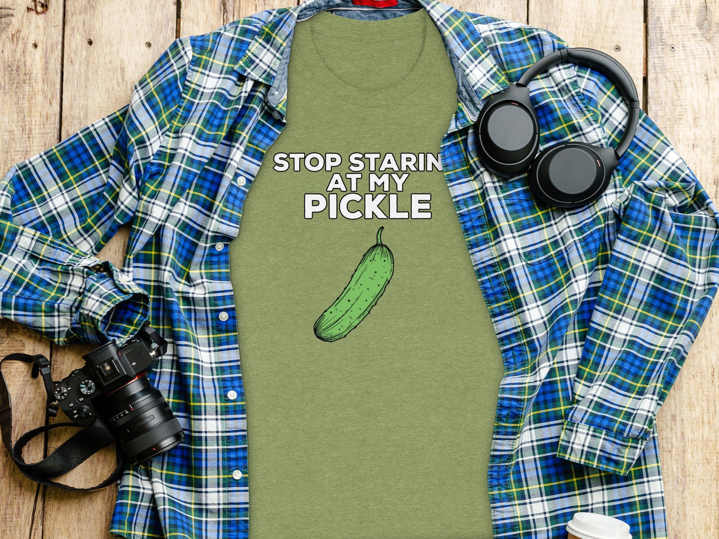 Stop Staring At My Pickle Funny Food Graphic T-Shirt