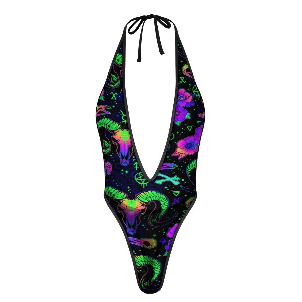 Sexy Swimsuit Women's Extreme One-Piece Mesh Revealing Swimwear Deep V Cleavage Thong Bottom Booty Quick Dry Tie-On Bathing Suit