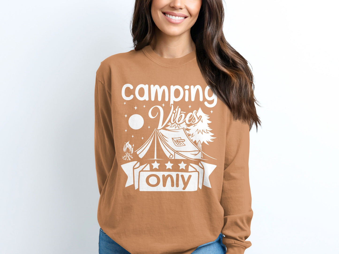 Camping Vibes Stars Only With Tent Graphic Long Sleeve T-Shirt