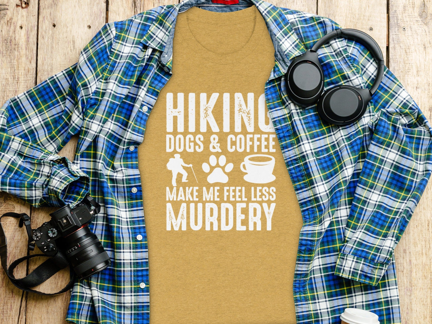 Hiking Dogs Coffee Less Murdery Funny Graphic Design T-Shirt