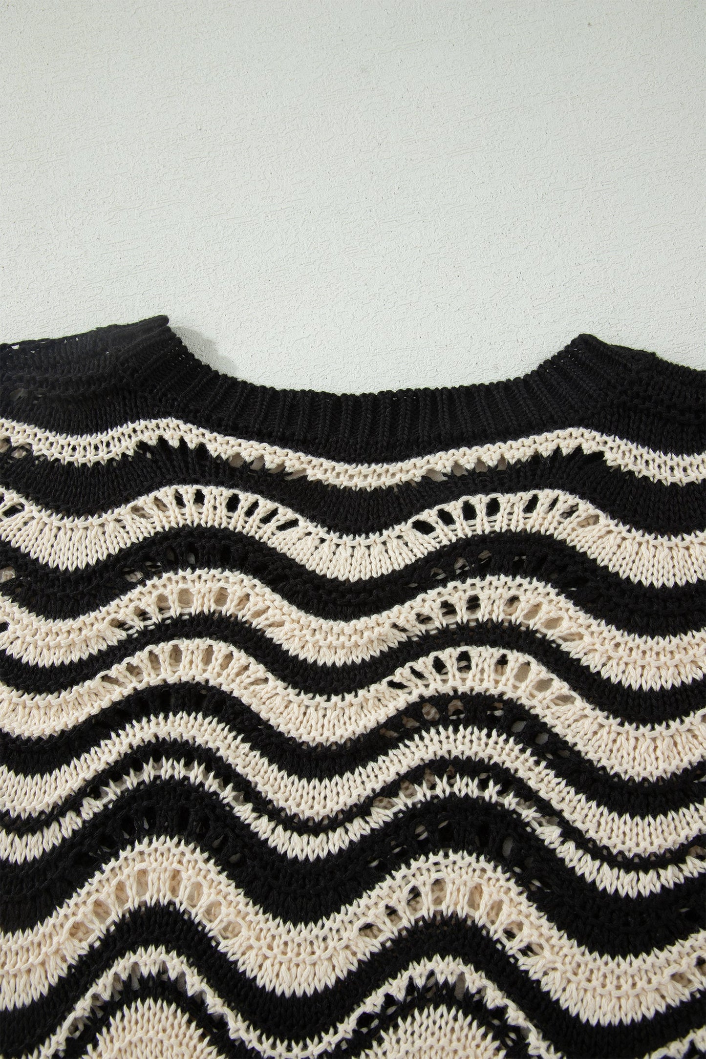 Black Stripe Wavy Crochet Eyelet Detail Ruffle Half Sleeve Sweater