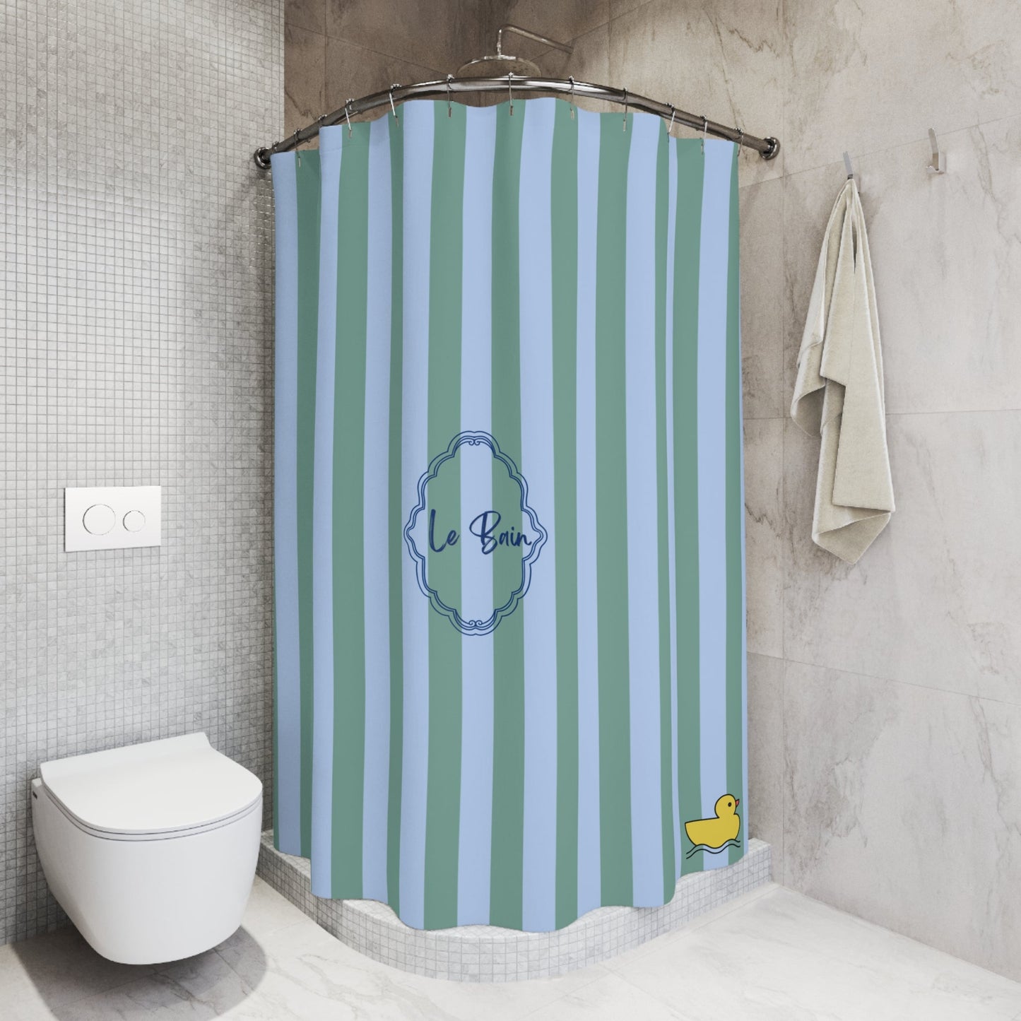 Striped Blue/Green Shower Curtain with Duck "Le Bain"  — French Kids Bathroom Decor