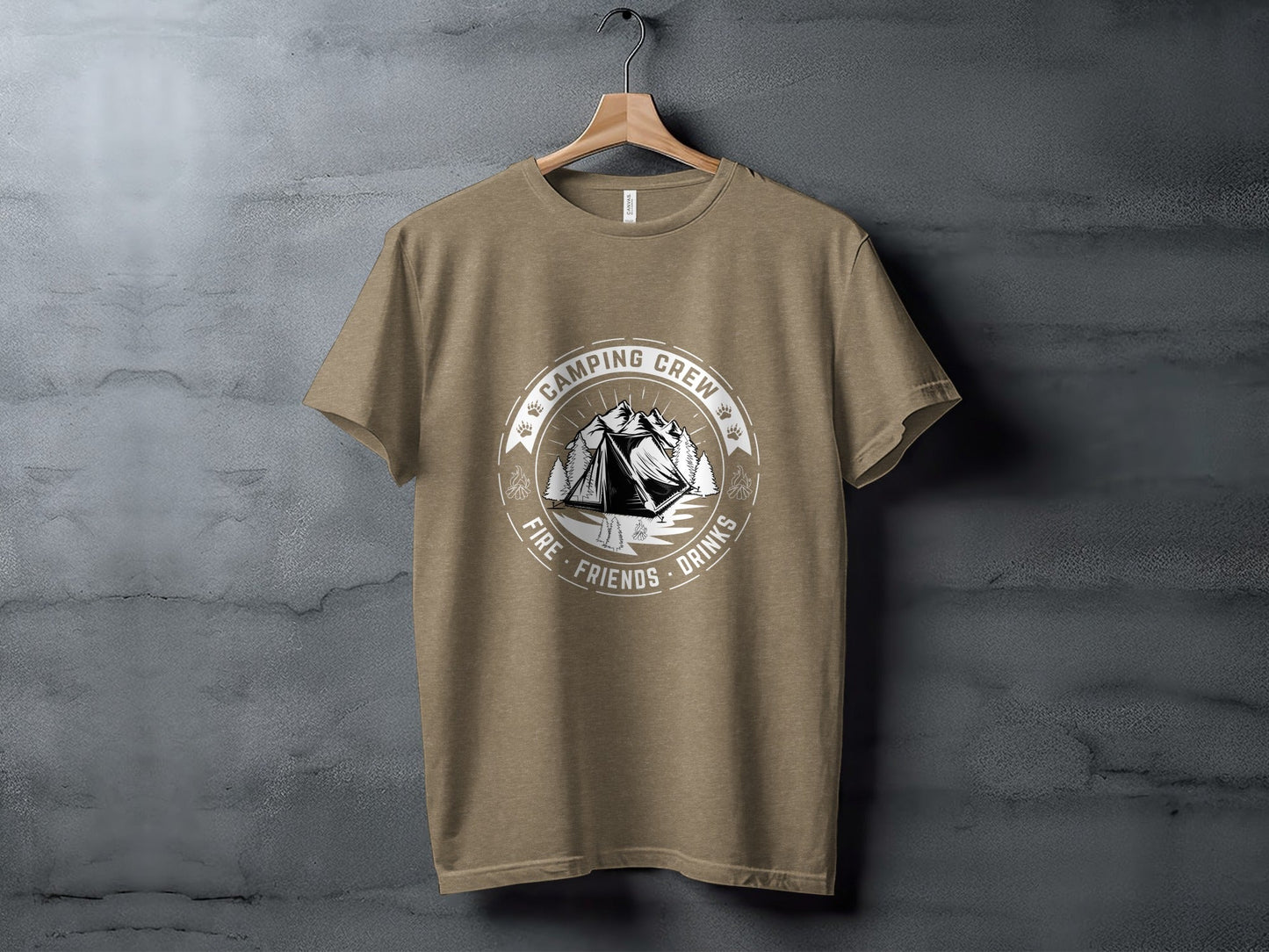 Camping Crew Friends Drinks Fire Tent Mountain Scene T-Shirt