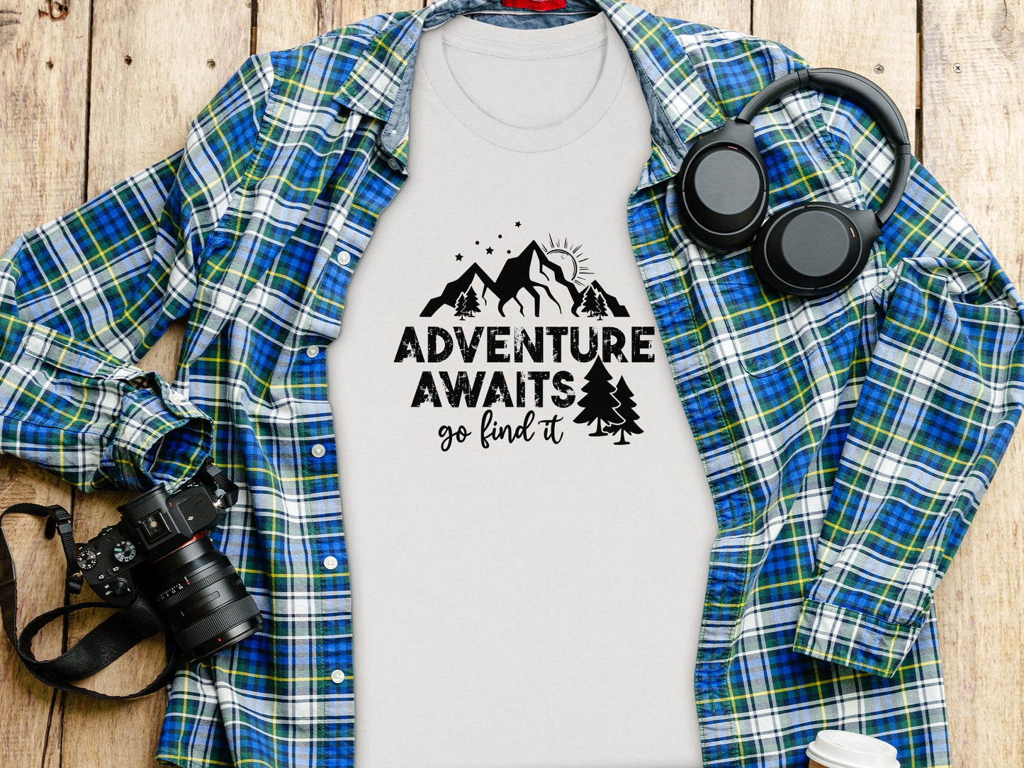 Adventure Awaits Go Find It Mountains Trees and Sun T-Shirt