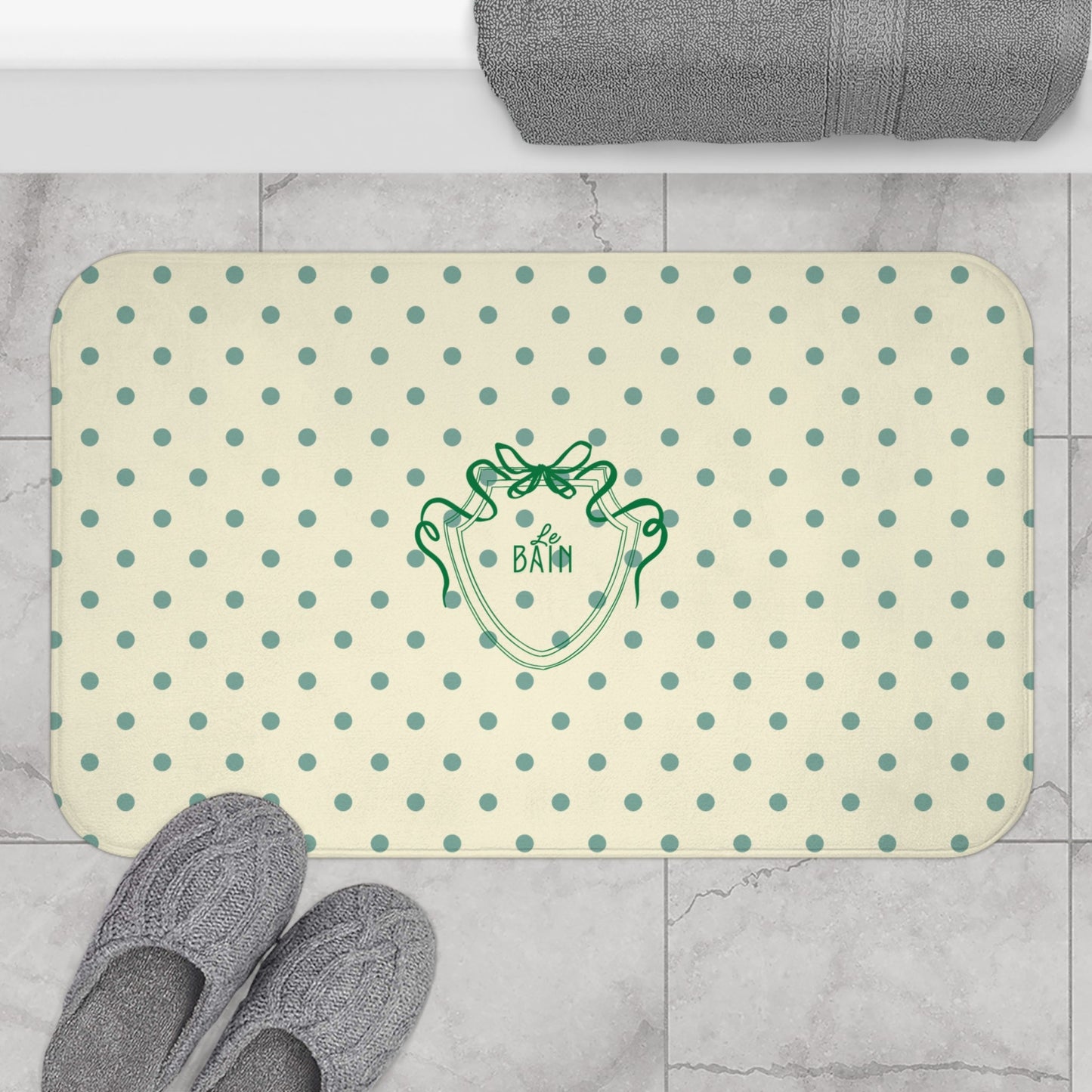 Polka Dot "Le Bain" Bath Mat — Cream & Sage Green Bathroom Rug