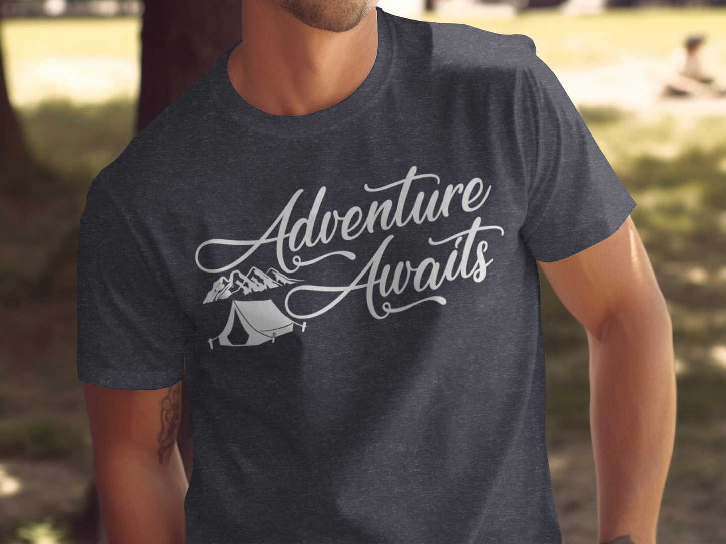 Adventure Awaits Tent Mountains Graphic Design T-Shirt