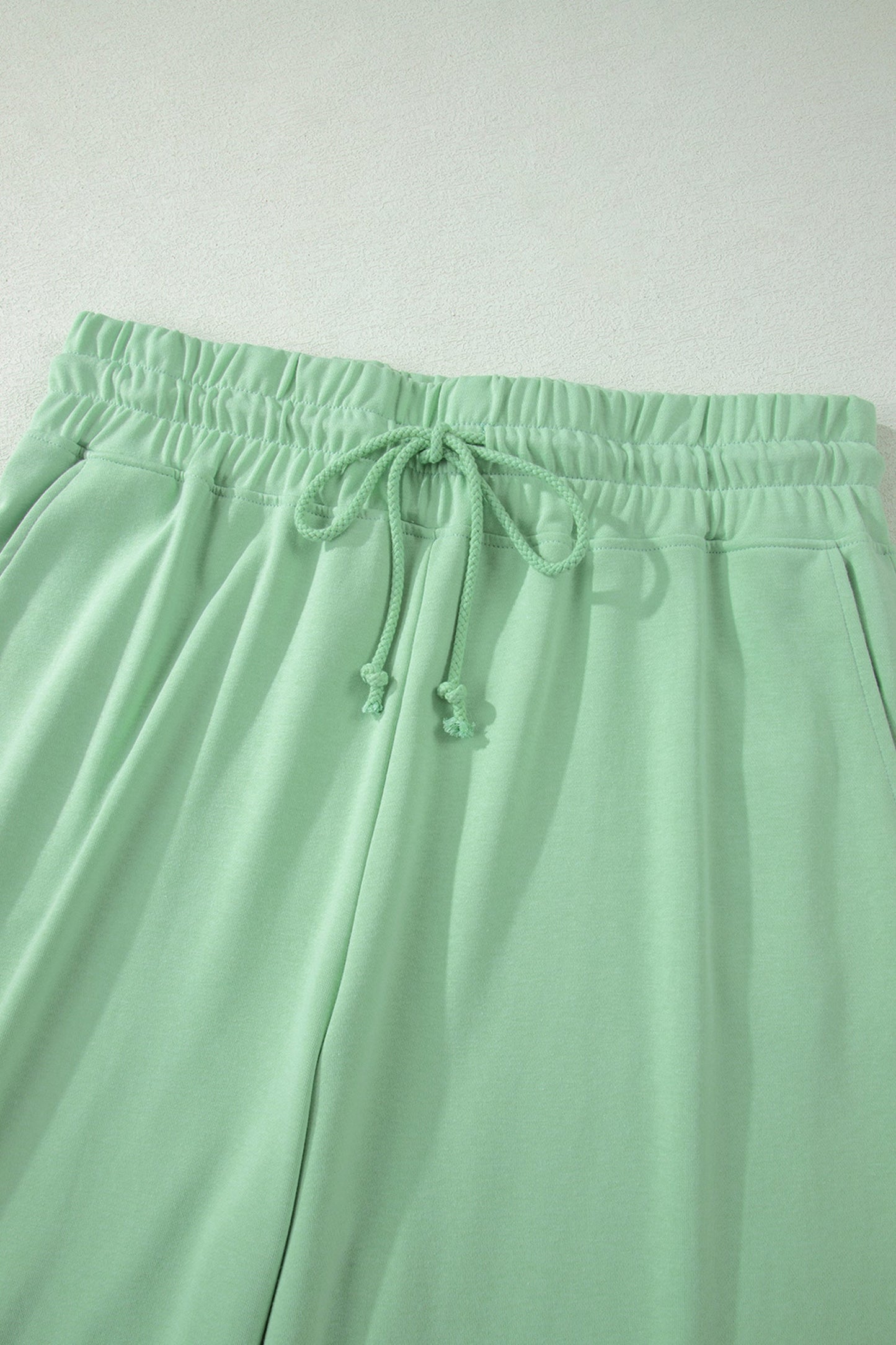 Clearly Aqua Solid Color Ribbed Trim Short Sleeve Top Drawstring Loose Pants 2pcs Outfit