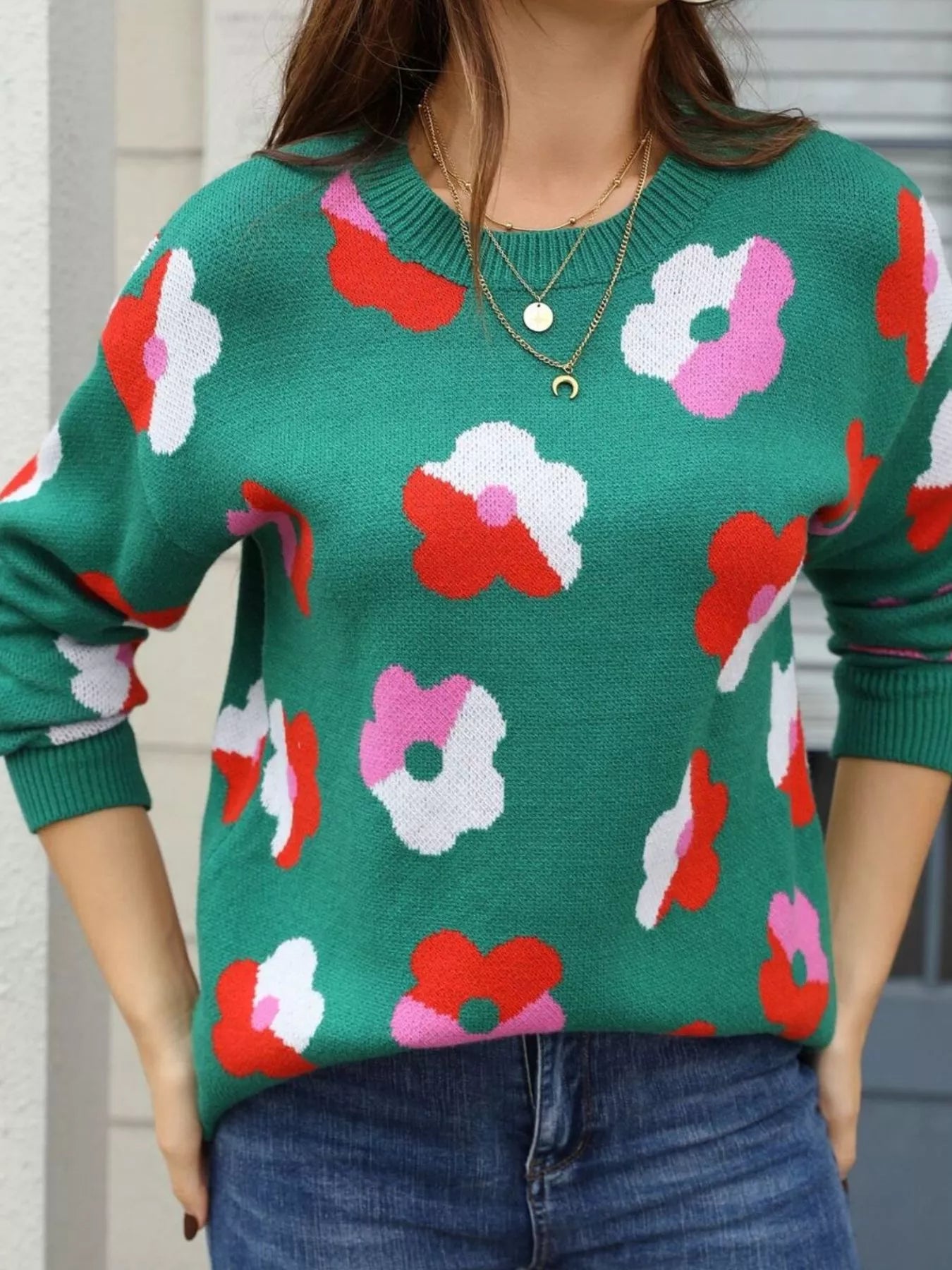 Floral Crew Neck Long Sleeve Sweater