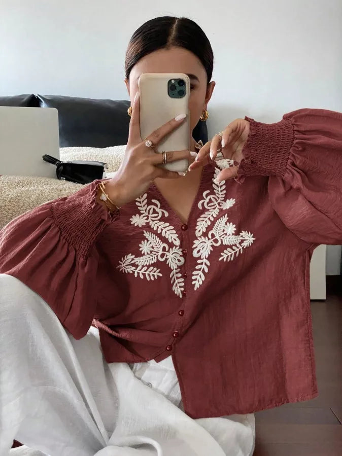 Embroidered Notched Long Sleeve Blouse