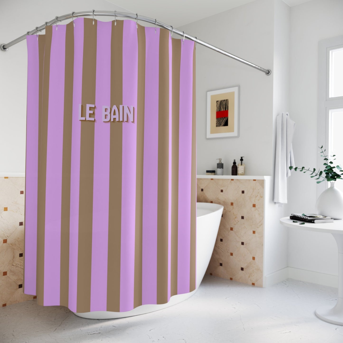 Modern Shower Curtain — 'Le Bain' Lilac & Brown Striped Bathroom Curtain