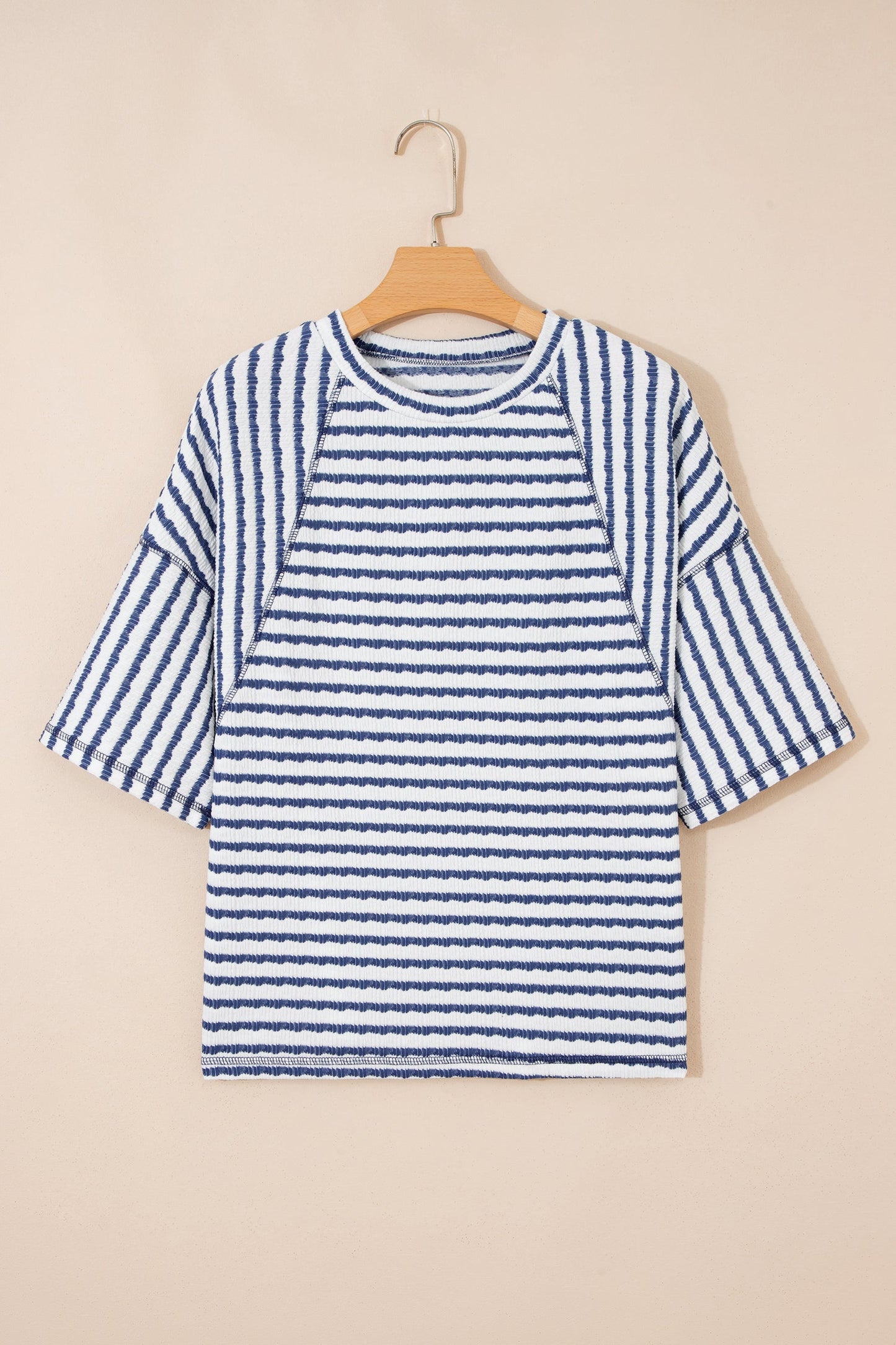 Blue Stripe Textured Knit Split Hem Half Sleeve Loose Top