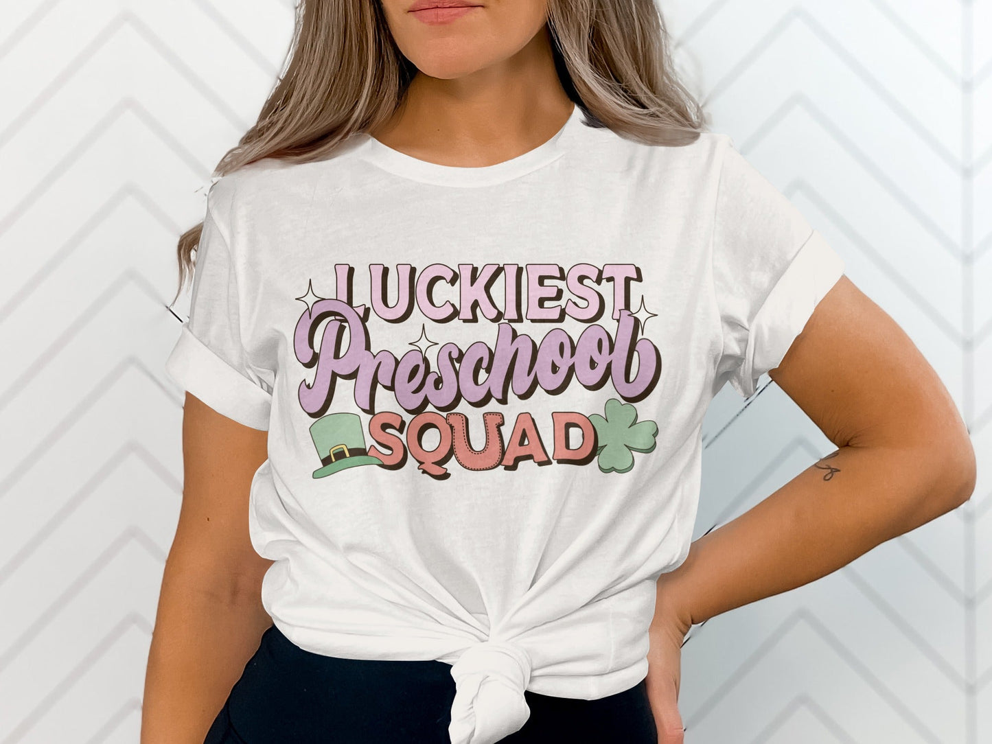 Luckiest Preschool Squad With Hat And Clover T-Shirt