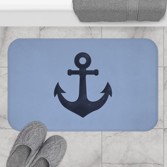Nautical Anchor Bath Mat — Coastal Slate Blue Bathroom Rug