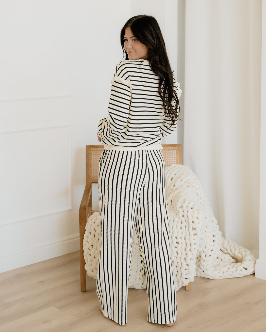 Talia Stripe Ruffle Trim Drop Shoulder Top Drawstring Loose Pant Set