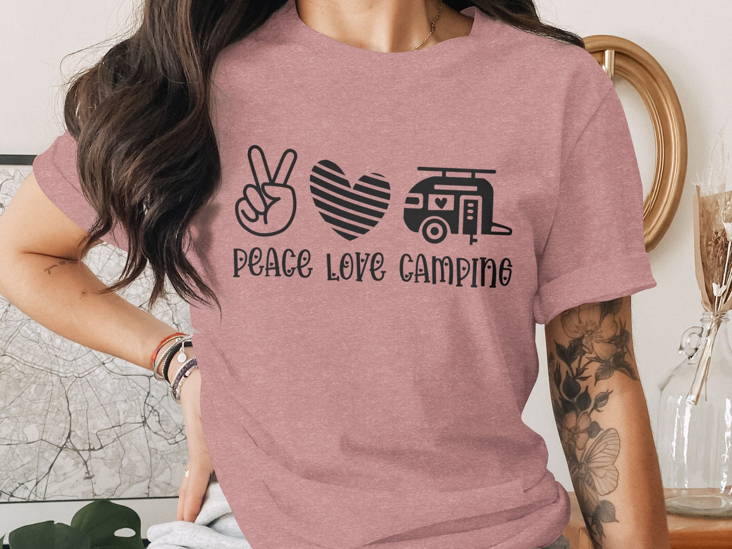 Peace Love Camping Symbol Design Graphic Novelty T-Shirt