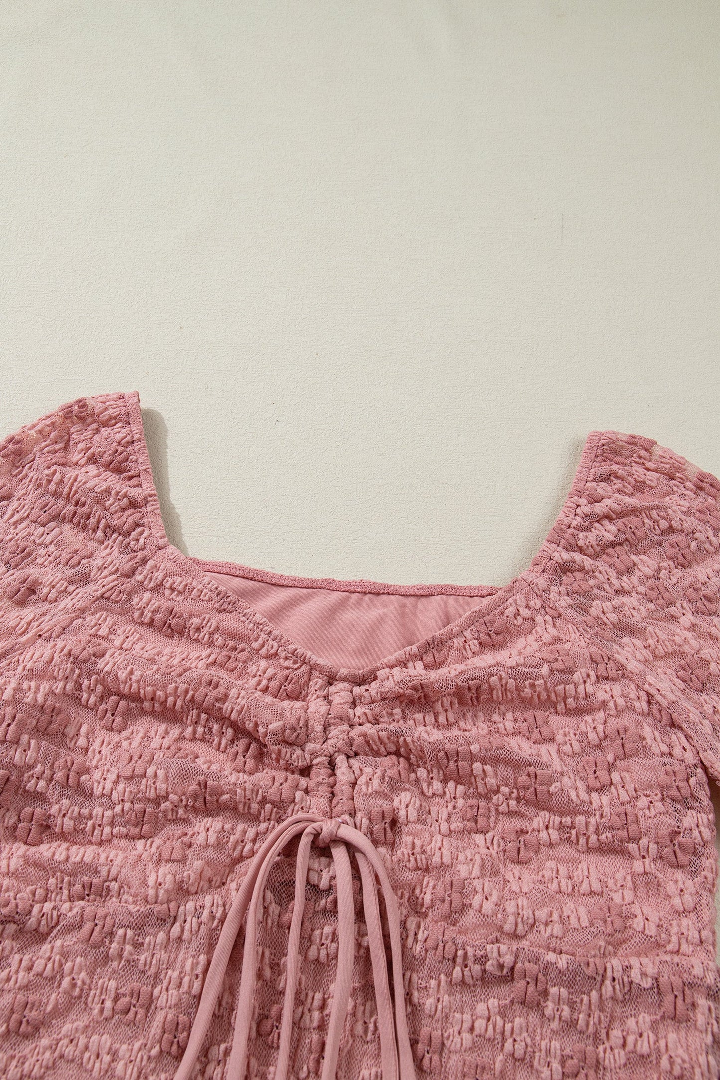 Peach Blossom Drawstring Knot Detail Floral Lace Blouse