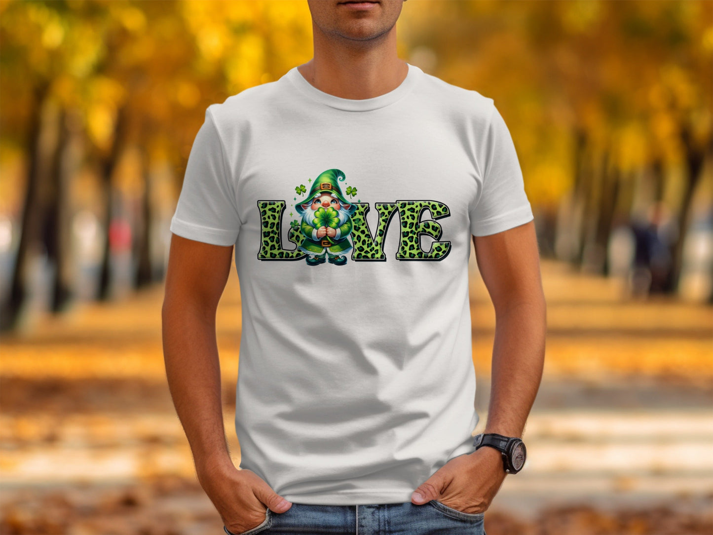 St Patricks Day Gnome T-Shirts, Four Leaf Clover Shirt, Love T Shirt, St Paddys Day Tee, Leopard Print Letters, Cute Irish T Shirts