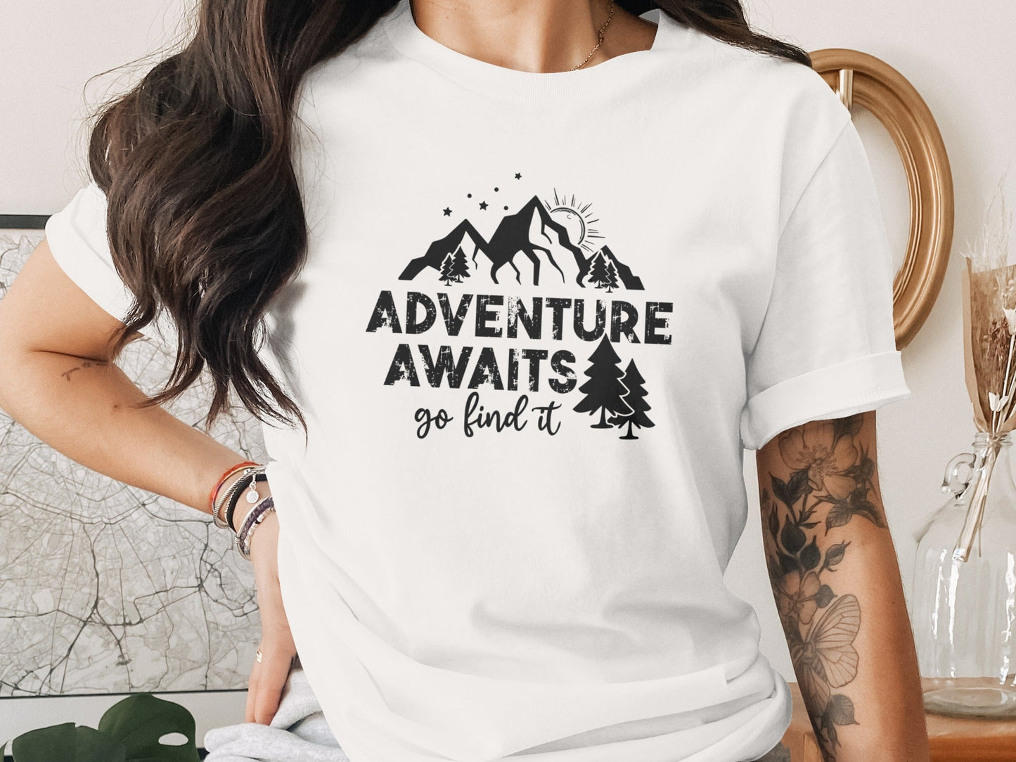 Adventure Awaits Go Find It Mountains Trees and Sun T-Shirt